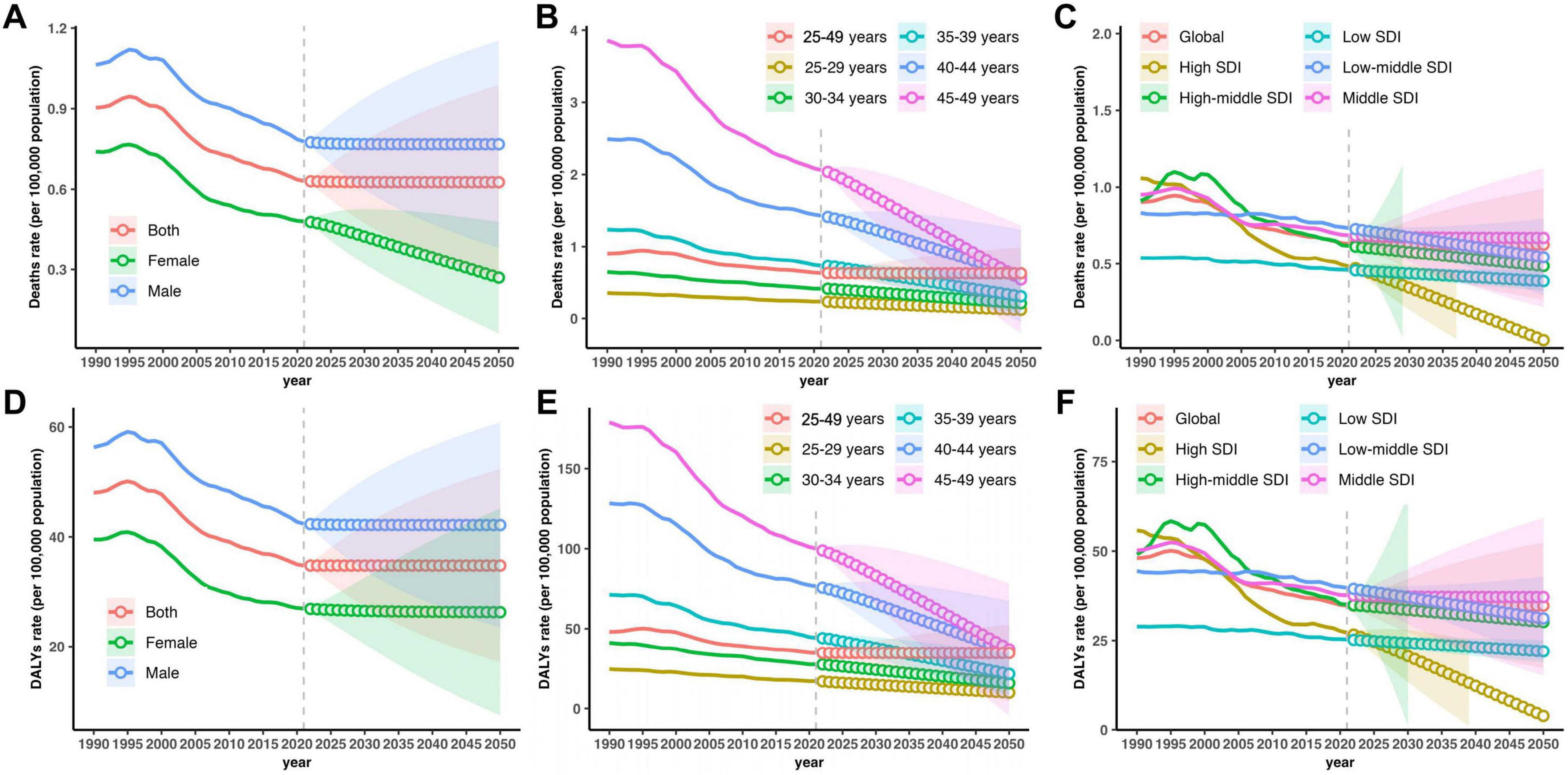 Six line charts depicting health data trends from 1990 to 2050. Charts A and D show death and DALY rates for both sexes, males, and females. Charts B and E categorize by age groups (25-49, 25-29, 30-34, 35-39, 40-44, and 45-49 years). Charts C and F display data by SDI (Global, High, High-middle, Middle, Low-middle, Low). The charts indicate past trends and future projections, with shaded areas representing uncertainty.