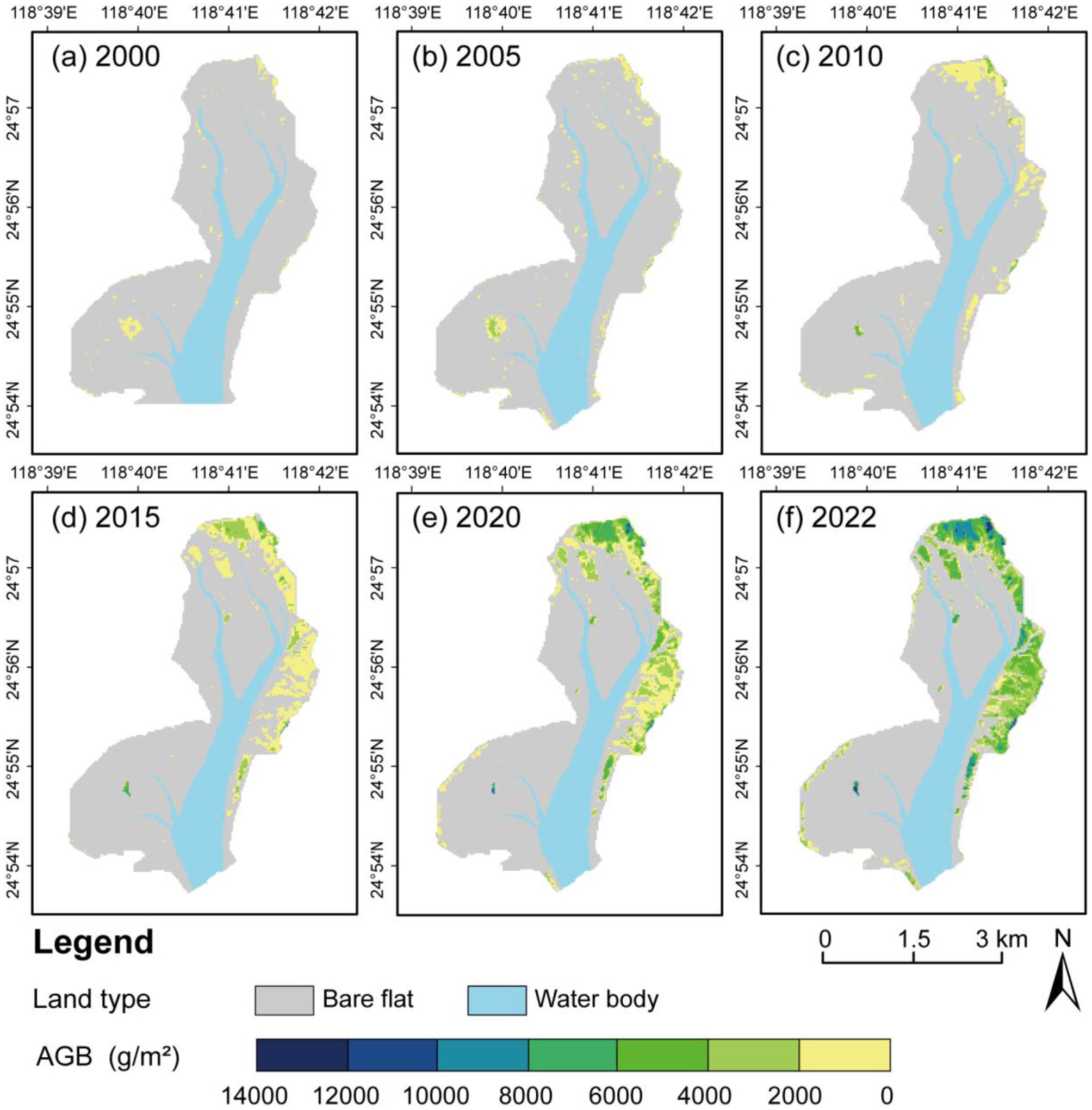 Six panel maps depicting land type changes from 2000 to 2022. Each map shows areas labeled as bare flats, water bodies, and varying above-ground biomass (AGB) densities, ranging from dark blue (high AGB) to yellow (low AGB). Over time, an increase in biomass density is evident, especially from 2015 to 2022, highlighted by more green areas on maps (e) and (f). Each map is marked with geographic coordinates for reference, and a north arrow and scale bar are included.