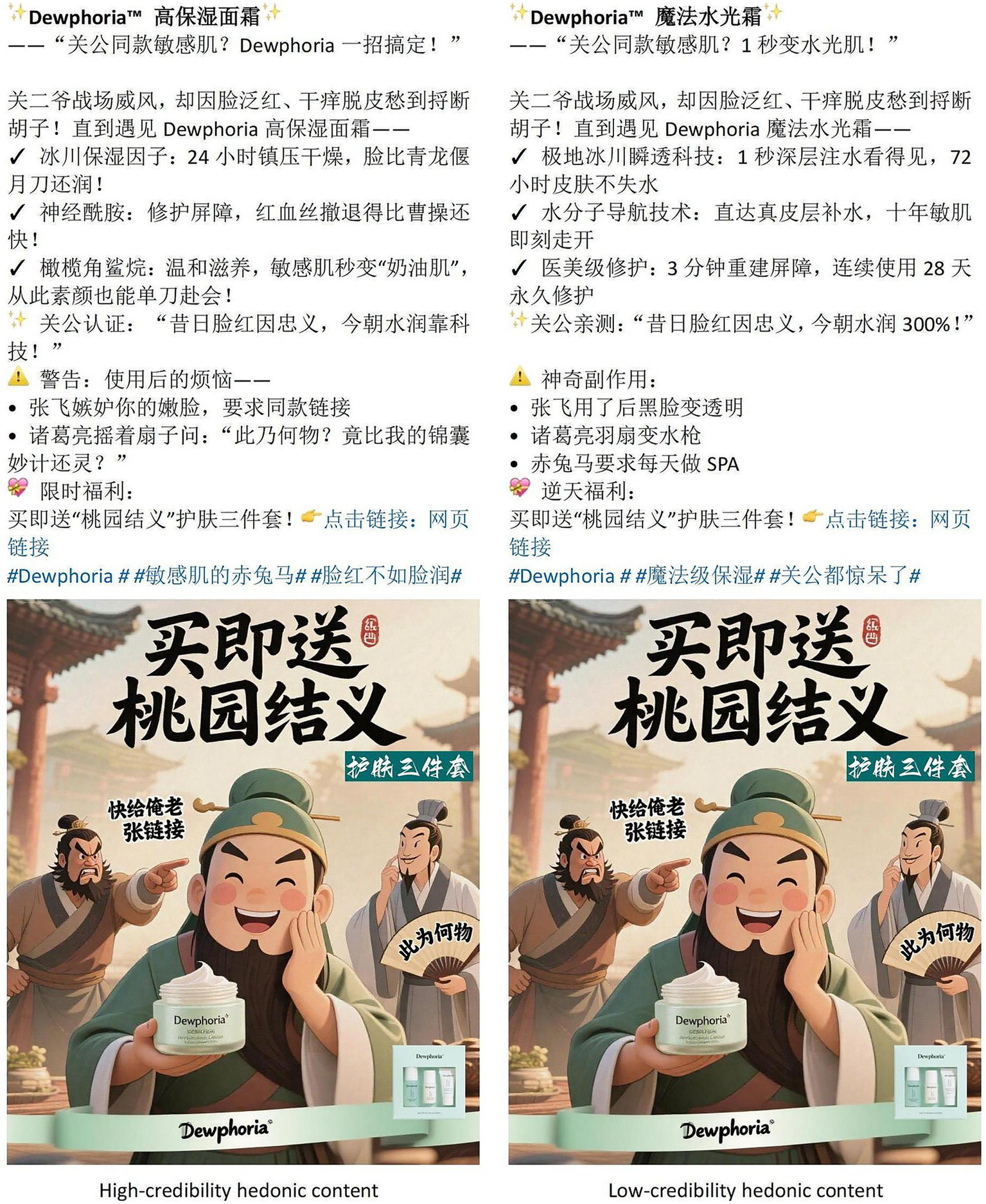 Two side-by-side images feature promotional content for "Dewphoria" skincare products. The left image, labeled "High-credibility hedonic content," includes a cheerful cartoon character holding the product and surrounded by positive text. The right image, labeled "Low-credibility hedonic content," shows a similar scene with subtle variations in text and design, conveying a less credible appeal. Both images feature Chinese-style architecture in the background and text written in Chinese characters prominently showcasing the product.