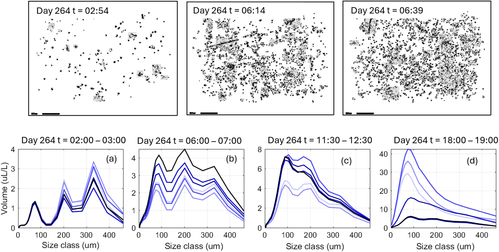 Three diagrams showing particle formations over time on Day 264 at 02:54, 06:14, and 06:39. Four graphs below display particle volume versus size class. Each graph corresponds to intervals on the same day: 02:00–03:00, 06:00–07:00, 11:30–12:30, and 18:00–19:00. Graph a shows the smallest volumes, while graph d shows the largest.