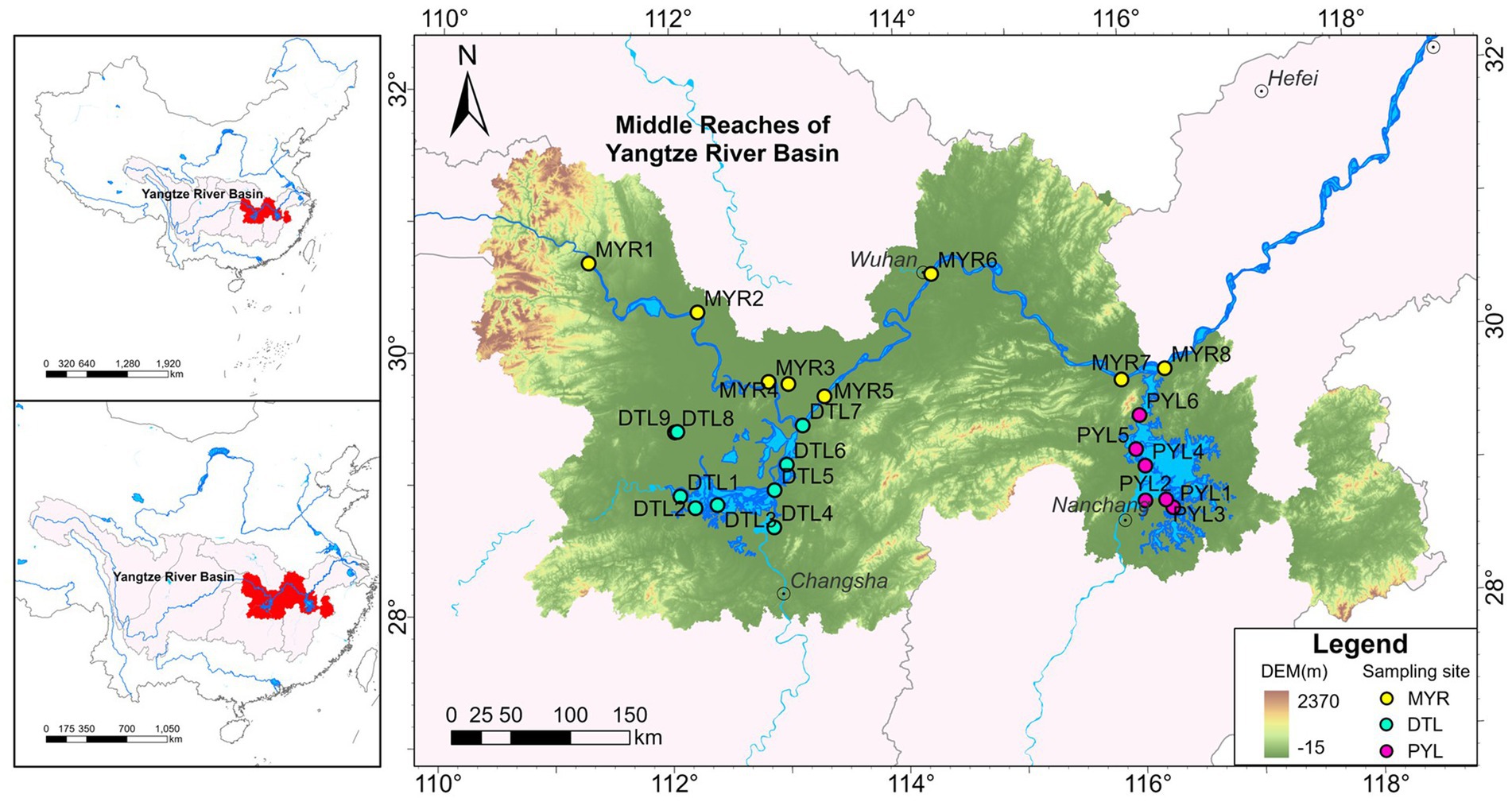 Map showing the middle reaches of the Yangtze River Basin in China, with sampling sites marked in yellow, green, and pink. Elevations are color-coded, and major cities like Wuhan, Nanchang, and Changsha are labeled. Insets highlight the Yangtze River Basin’s location within China.