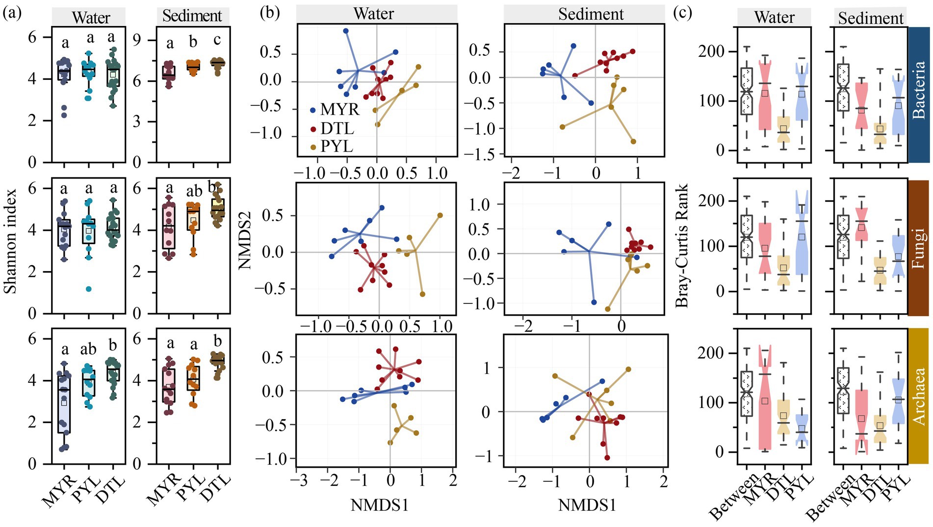 Boxplots and NMDS plots comparing ecological metrics in water and sediment samples across three sites: MYR, DTL, and PYL. (a) Shannon index shows distinct diversity levels with letters indicating statistical significance. (b) NMDS plots illustrate community composition differences, with trajectories colored for each site. (c) Bray-Curtis ranks display variability in bacteria, fungi, and archaea between and within sites, with distinct patterns for each group.