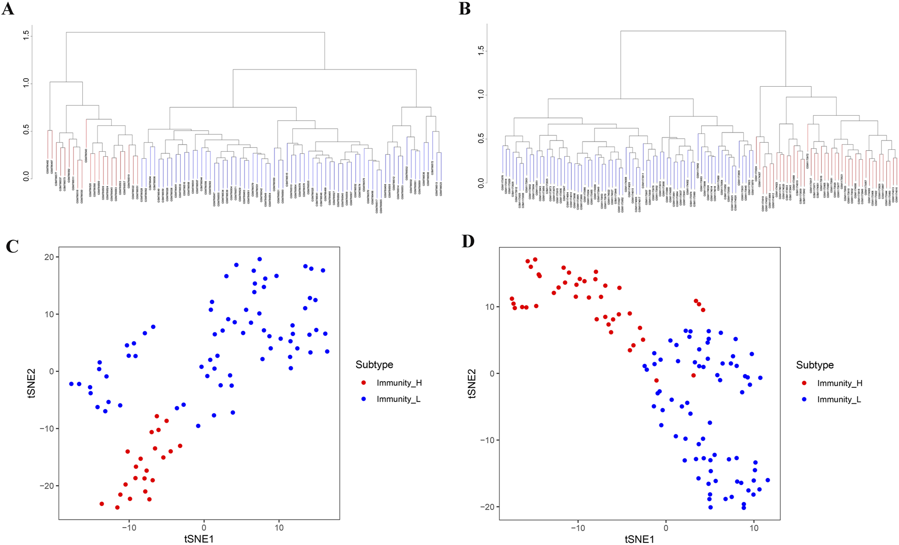 Hierarchical clustering dendrograms and t-SNE plots depicting immunity subtypes. Panels A and B show dendrograms with samples color-coded as red or blue. Panels C and D display t-SNE plots with dots representing two immunity subtypes: Immunity_H in red and Immunity_L in blue, showing distinct clustering patterns.