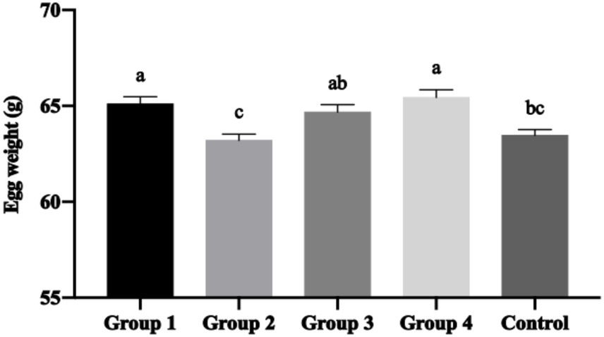 Bar chart depicting egg weight in grams for five groups: Group 1, Group 2, Group 3, Group 4, and Control. Group 1 and Group 4 both show significant weights labeled