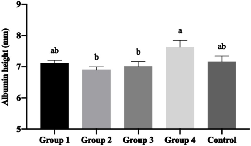 Bar chart displaying albumin height in millimeters across five groups: Group 1, Group 2, Group 3, Group 4, and Control. Group 4 has the highest albumin height, followed by Control and Group 1, which are similar. Group 2 and Group 3 have the lowest measurements. Error bars indicate variability, with statistical annotations above each bar.