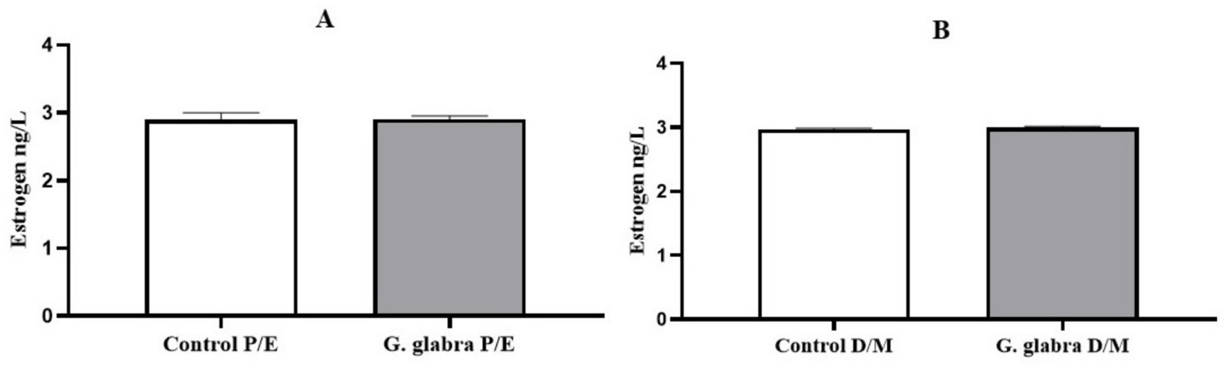 Two bar charts labeled A and B show estrogen levels in nanograms per liter. Chart A compares control versus G. glabra for P/E, both around three ng/L. Chart B compares control versus G. glabra for D/M, also both around three ng/L.
