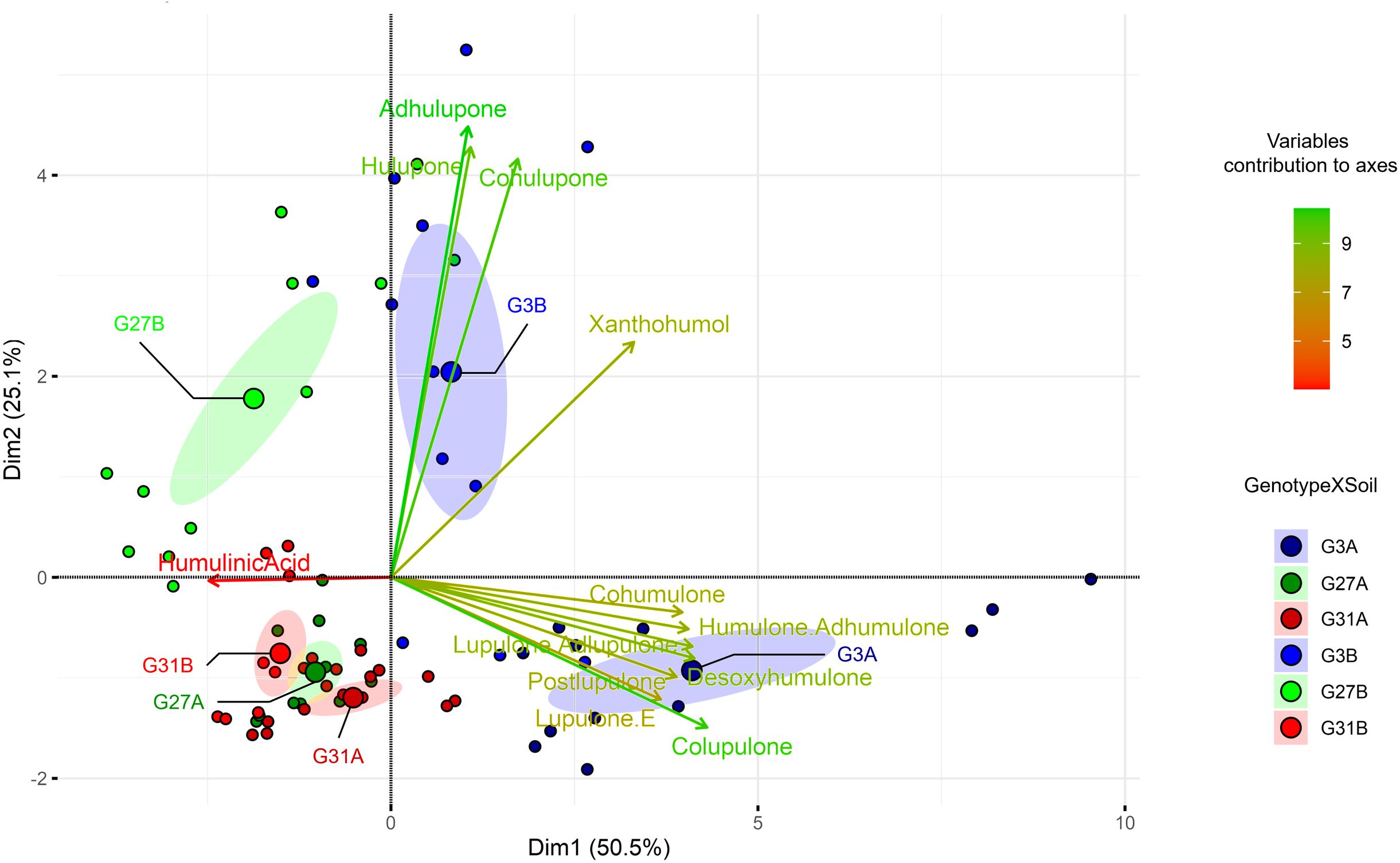 PCA with variables contribution to axes shown in a color gradient from green to red. Data points represent Genotype X Soil categories: G3A, G27A, G31A, G3B, G27B, and G31B, displayed in different colors. Dim1 explains 50.5% of the variance and Dim2 explains 25.1%. AArrows indicate the variable (12) contribution to each axes.