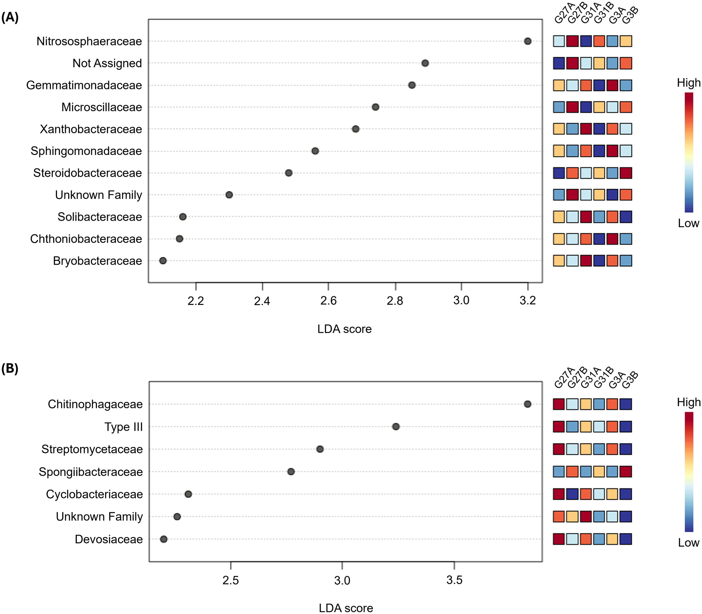 Two microbiome analysis plots displaying LDA scores. Plot A shows bacterial families like Nitrososphaeraceae and Microsillaceae, with heatmaps indicating abundance across samples G2/7A to G3-3B. Plot B highlights Chitinophagaceae and Devosiaceae, similarly annotated with heatmaps. The color gradient represents abundance levels, from low (light blue) to high (dark red).