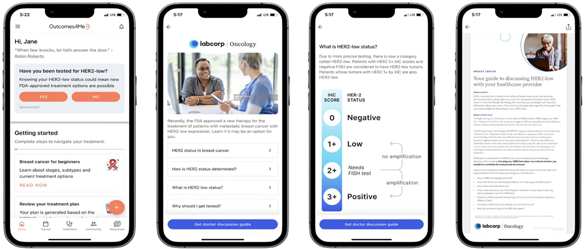 Four smartphone screens displaying an app related to breast cancer and HER2 status. The first screen prompts users about HER2-low testing. The second highlights FDA-approved therapies and provides a guide on HER2 status. The third explains HER2-low status with a scoring chart. The fourth screen offers a guide for discussing HER2-low with healthcare providers. Each screen includes navigation and interactive elements for further information.