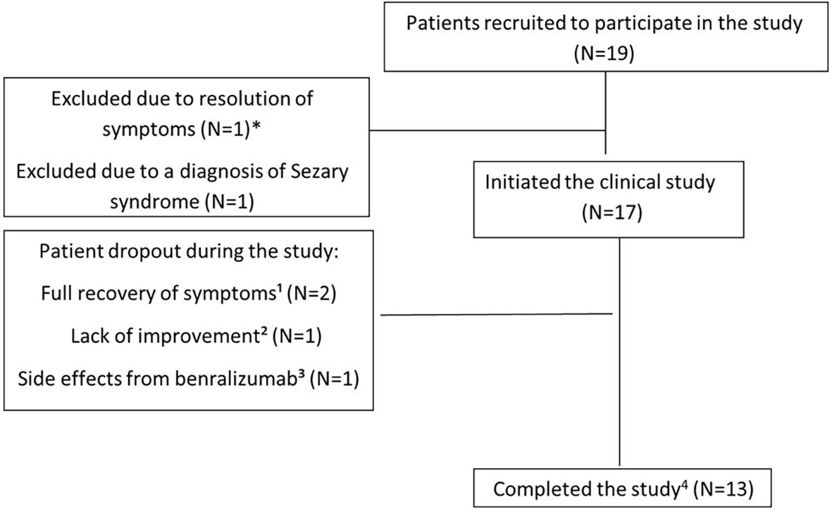 Flowchart depicting participation in a clinical study. Nineteen patients were recruited. Two were excluded: one due to symptom resolution and one with Sezary syndrome. Seventeen initiated the study. Four dropped out: two recovered, one showed no improvement, and one experienced benralizumab side effects. Thirteen completed the study.