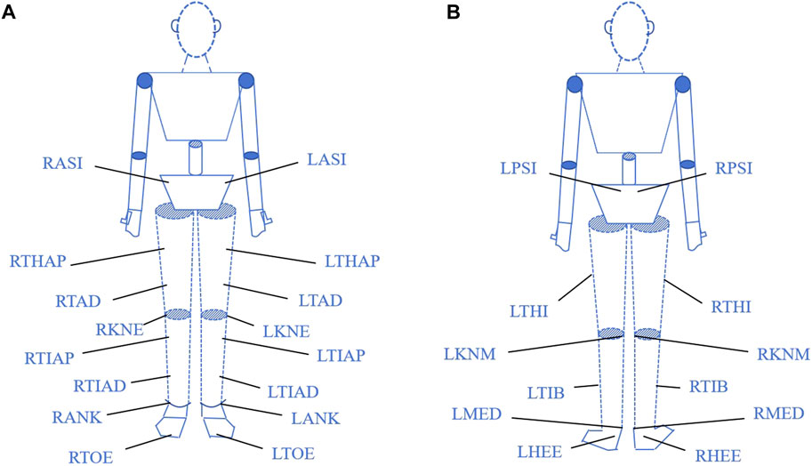 Diagram illustrating human anatomical markers for motion analysis. Two figures labeled A and B display full-body schematics with labeled points such as RASI, LASI, PSIS, THAP, TIAP, KNE, and TOE, indicating specific anatomical locations. The diagrams use dashed lines for general body form and solid lines for limb segments, with markers at joints and key anatomical points.