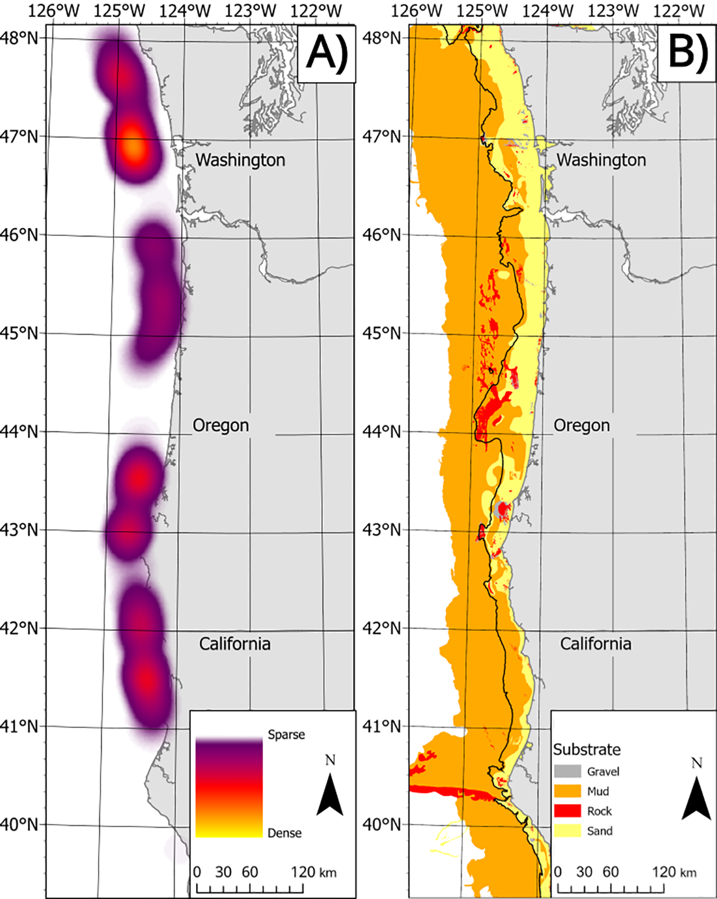 Side-by-side maps of the U.S. West Coast. Map A shows shrimp trawl density, with orange-red indicating high density and purple for low. Map B depicts substrate types: sand in yellow, rock in orange, mud in red, and gravel in gray. Both maps cover Washington, Oregon, and California, with a north arrow and scale bar included.