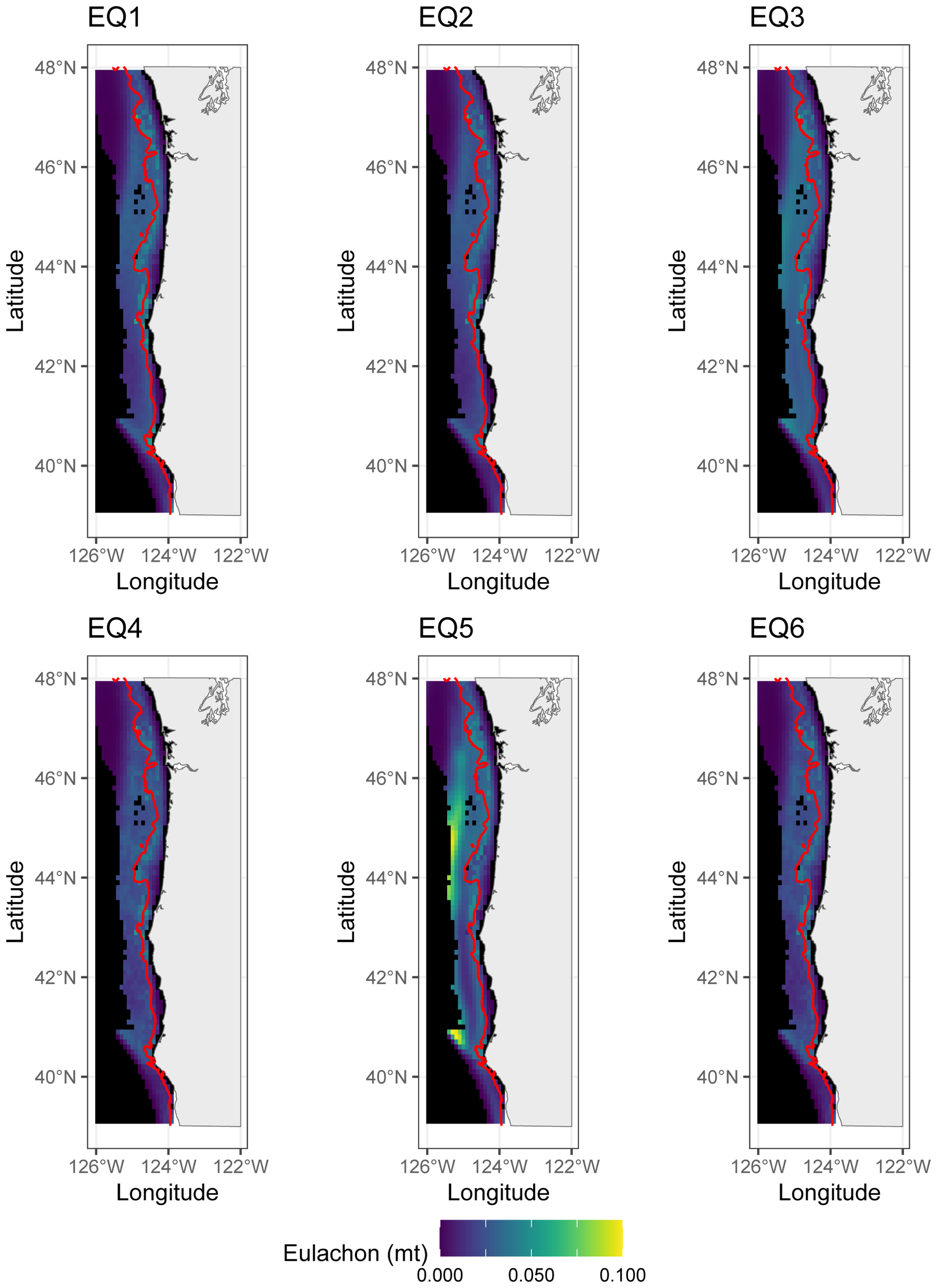 Six panel maps labeled EQ1 to EQ6 show Eulachon fish distribution along a coastal region, ranging from 40°N to 48°N latitude and 126°W to 122°W longitude. Color scale indicates density, with blue to yellow representing increasing concentration, from 0 to 0.1 metric tons.