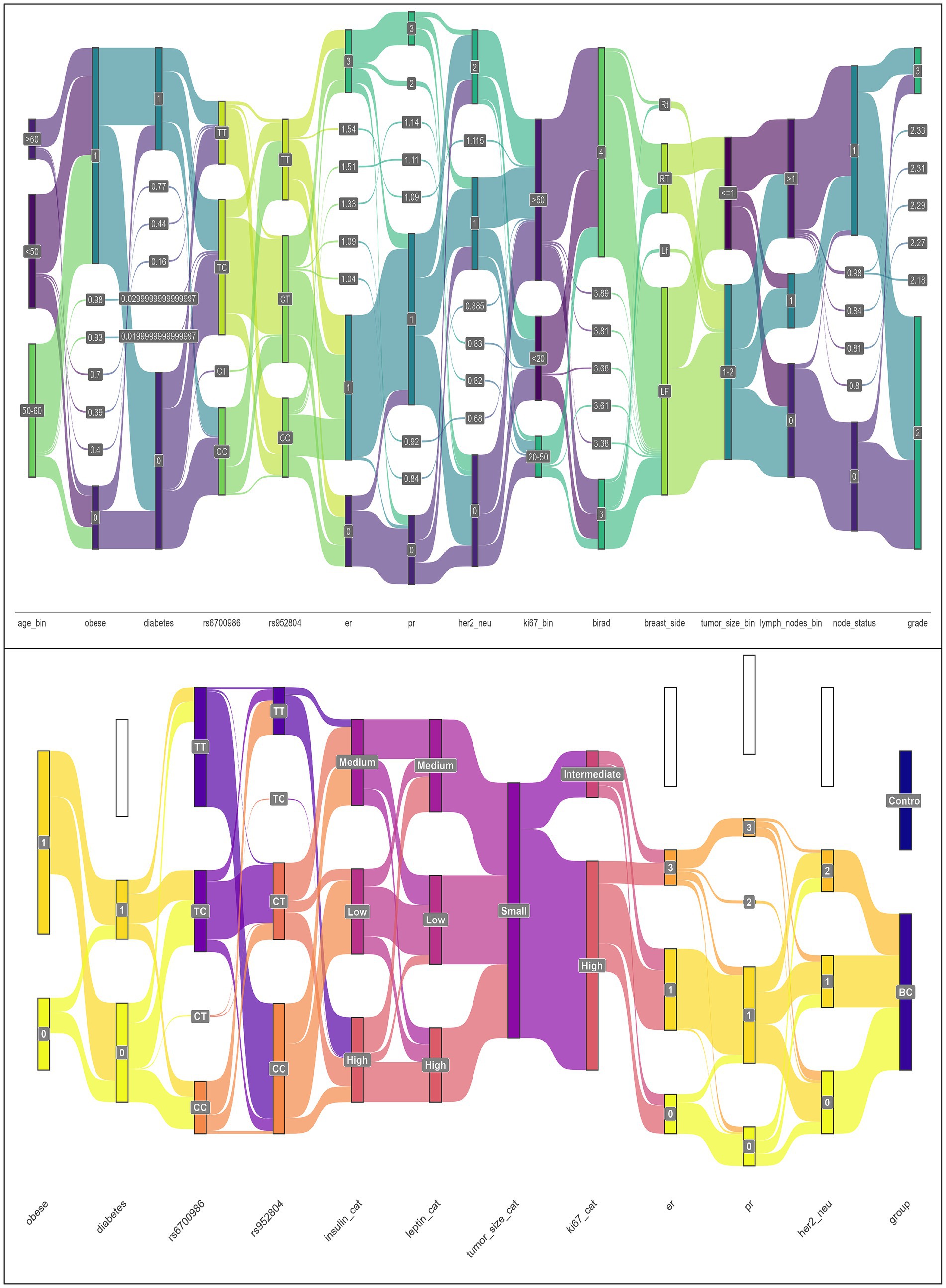Sankey diagrams displaying complex relationships between categorical variables related to health data. The top diagram shows connections among various factors such as age, obesity, diabetes, and genetic markers with additional health indicators like ER, PR, HER2_NEU, and more. The bottom diagram connects obesity, diabetes, genetic markers, hormone status, and tumor characteristics with group classifications. Colorful streams between categories indicate the flow of relationships, with nodes representing different variable values or states.
