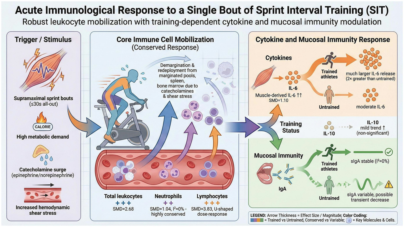 Infographic showing the acute immunological response to a single bout of sprint interval training. It illustrates the process from the trigger (supramaximal sprint bouts) causing a high metabolic demand and catecholamine surge, leading to increased hemodynamic shear stress. This results in core immune cell mobilization from bone marrow and spleen, increasing total leukocytes, neutrophils, and lymphocytes. It continues with cytokine response: trained athletes show a larger IL-6 release compared to untrained individuals. Training status affects mucosal immunity; trained athletes maintain stable sIgA, while untrained individuals may experience a decrease. Legend indicates effects and variables.