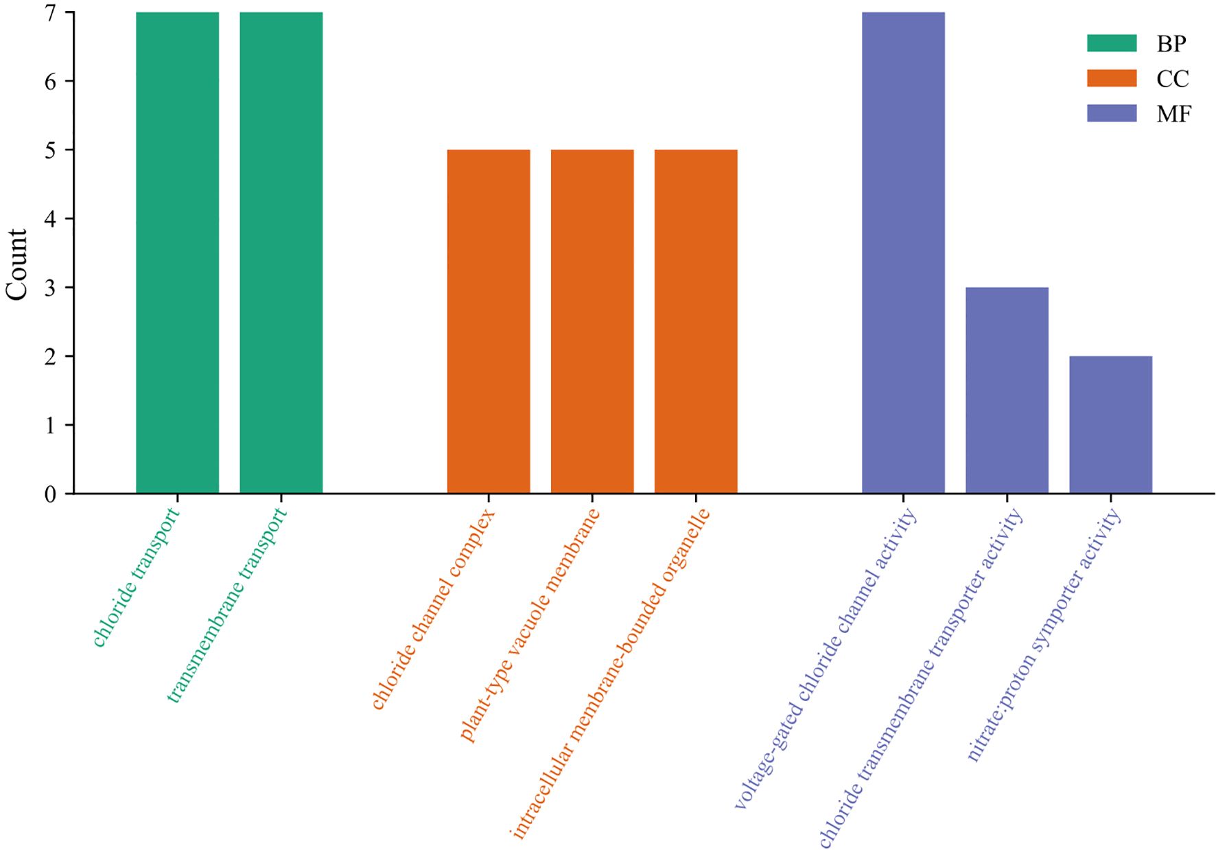 Bar chart illustrating three categories: BP (green), CC (orange), and MF (purple). Count is on the y-axis. BP bars for “chloride transport” and “transmembrane transport” show a count of 7. CC bars for “chloride channel complex,” “plant-type vacuole membrane,” and “intracellular membrane-bounded organelle” have a count of 5. MF bars for “voltage-gated chloride channel activity,” “chloride transmembrane transporter activity,” and “nitrate:proton symporter activity” have counts of 7, 4, and 3, respectively.