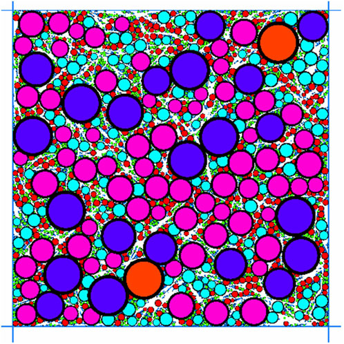 A colorful pattern of overlapping circles in various sizes. The circles are filled with blue, pink, red, and one orange. The arrangement creates a densely packed, abstract design with white gaps.