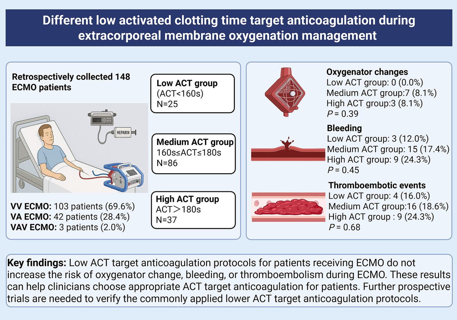 Different target anticoagulation protocols for ECMO management are compared. The study groups are categorized by activated clotting time (ACT): Low ACT (<160s), Medium ACT (160s-180s), High ACT (>180s). Patient distribution: VV ECMO (69.6%), VA ECMO (28.4%), VAV ECMO (2.0%). Oxygenator changes, bleeding, and thromboembolic events are analyzed for each group, with no significant differences observed. Key findings emphasize that low ACT does not increase risks during ECMO and clinicians can choose appropriate protocols. Further trials are recommended.