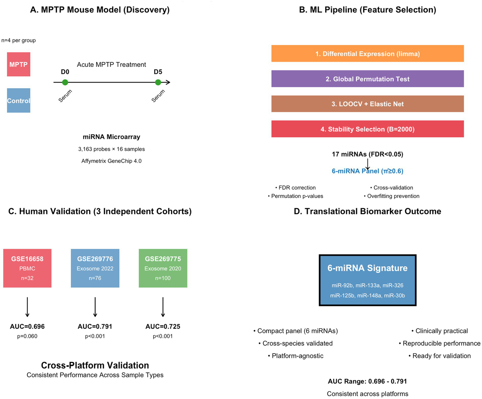 Diagram showing a study with four sections. A: MPTP Mouse Model involves acute MPTP treatment with miRNA microarray analysis. B: ML Pipeline for feature selection includes differential expression, global permutation test, LOOCV with elastic net, and stability selection identifying a 6-miRNA panel. C: Human validation uses three cohorts with varying AUC values, demonstrating consistent performance across platforms. D: Translational biomarker outcome highlights a 6-miRNA signature showing cross-platform consistency and clinical practicality.
