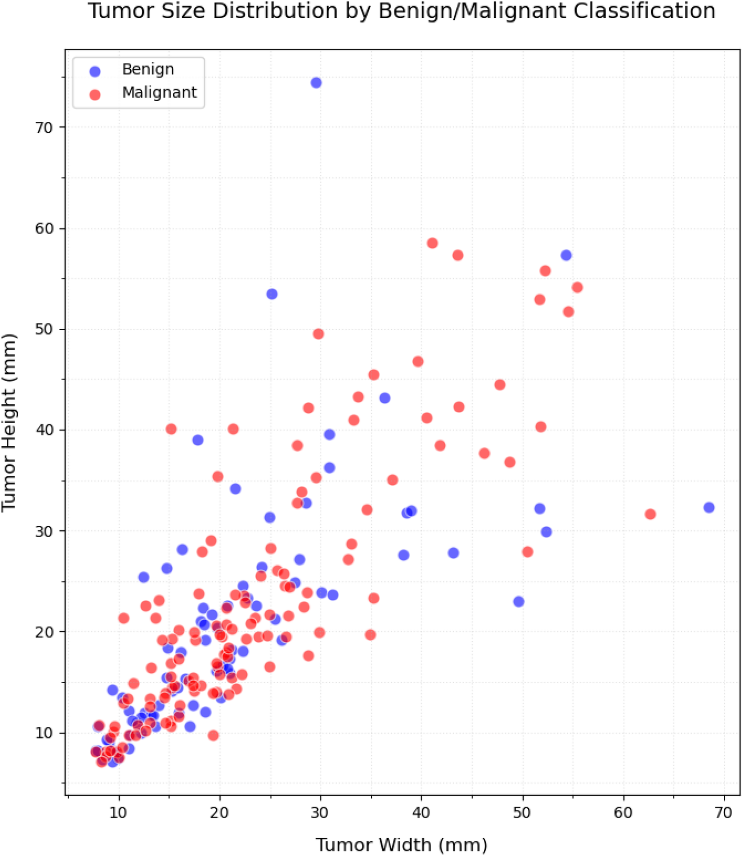 Scatter plot showing tumor size distribution by classification. The x-axis represents tumor width in millimeters, and the y-axis represents tumor height in millimeters. Blue dots indicate benign tumors, and red dots indicate malignant tumors. Most dots are concentrated in smaller width and height ranges, with malignant tumors more widely dispersed.