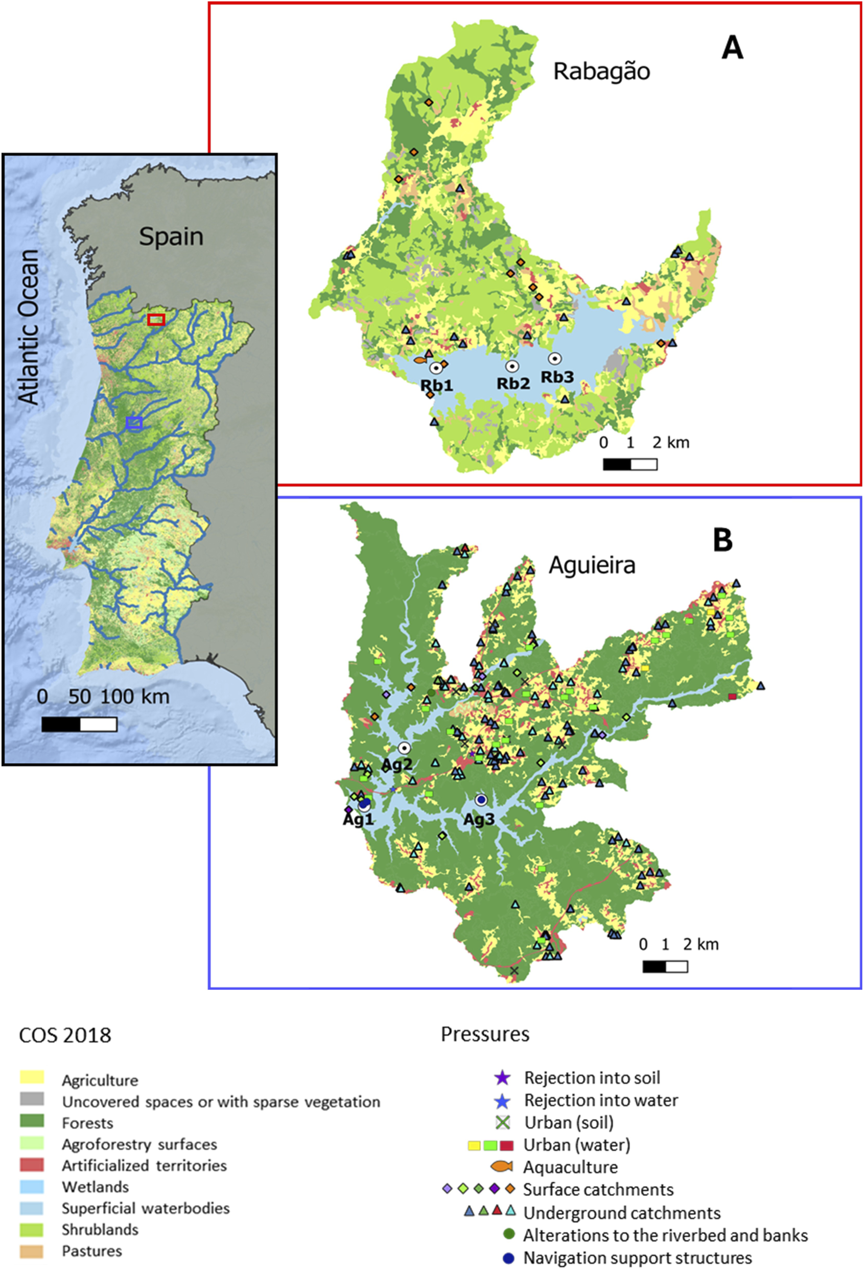 Map showing land use and anthropogenic pressures in two regions, Rabagão and Aguieira, in Portugal. Includes an inset of Portugal for location context. Features color-coded land types and symbols for anthropogenic pressures like soil rejection and aquaculture. A legend explains categories such as agriculture, forests, wetlands, and artificial territories. Scale bars are provided for distance reference.