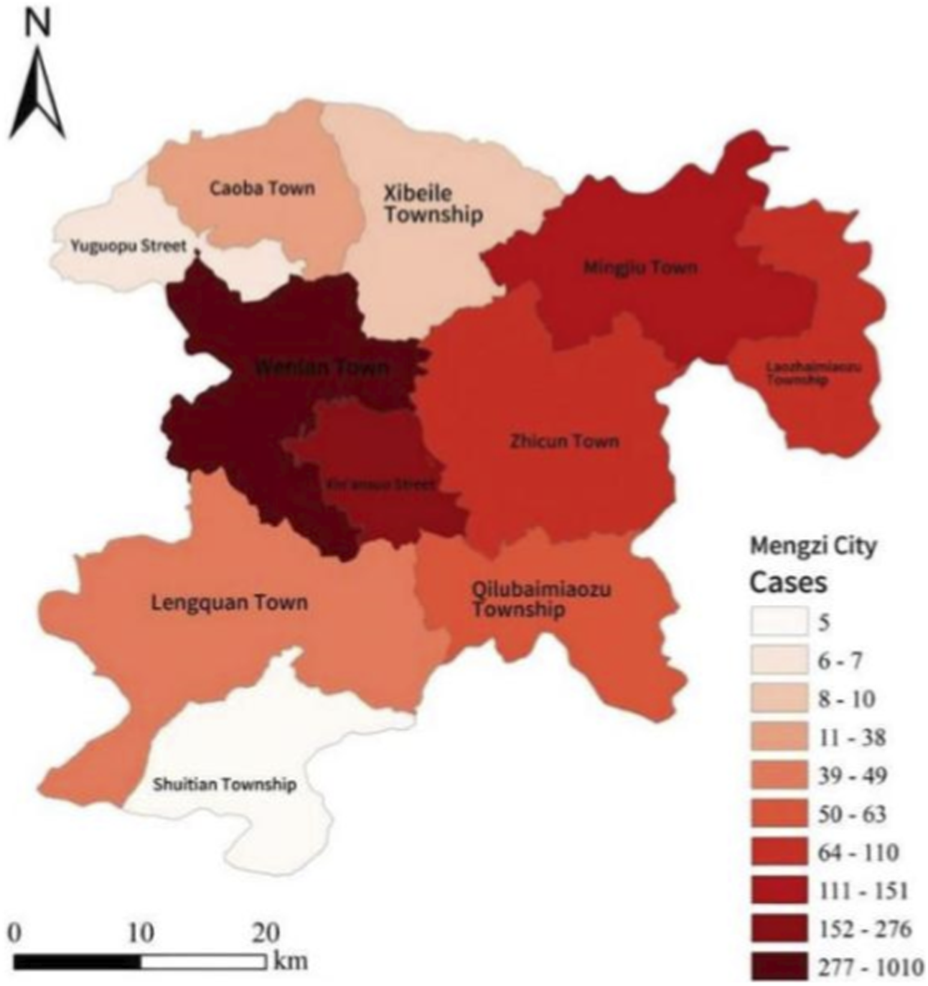 Map of Mengzi City showing COVID-19 case distribution by township, with color gradients from light peach to dark red representing case numbers ranging from 5 to 277. Areas include Caoba Town, Xibeile Township, Wenlan Town, and others. A scale bar indicates distances in kilometers.