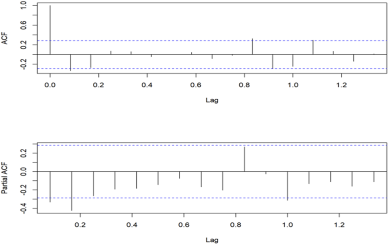 Two horizontal plots show ACF and Partial ACF of a dataset. Both plots display lag values on the x-axis. The ACF plot shows a significant spike at lag zero. The Partial ACF plot has a similar pattern but with generally smaller spikes. Both include blue dashed lines indicating confidence intervals.