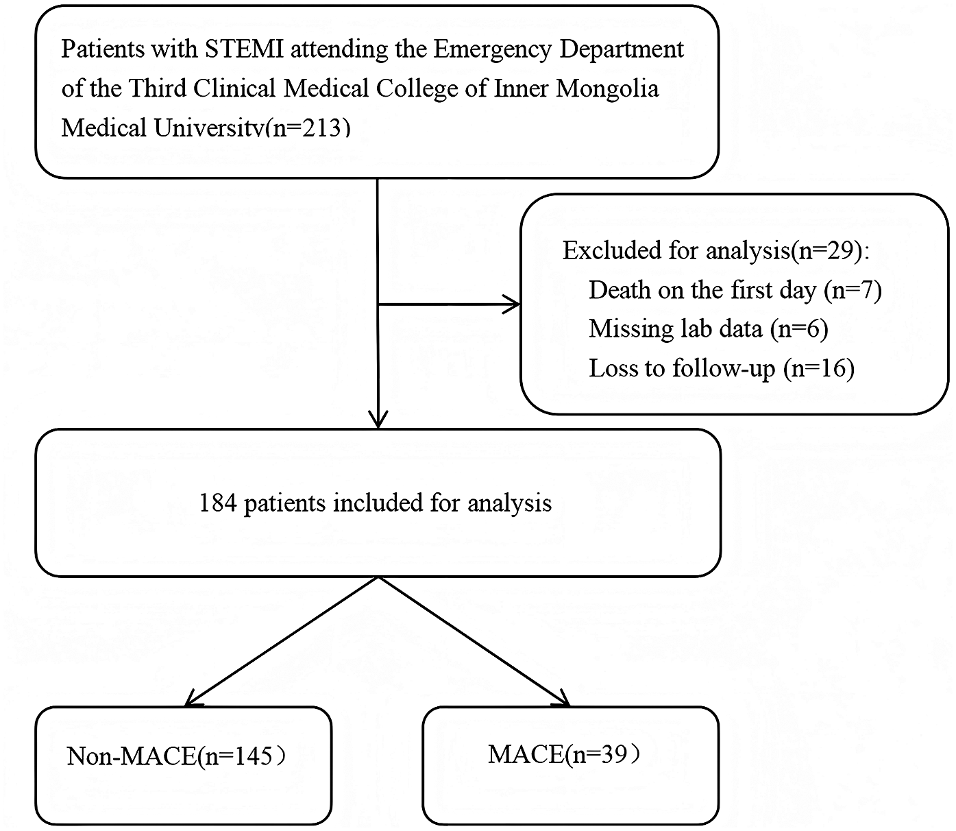Flowchart illustrating the selection process of patients with STEMI at the Third Clinical Medical College of Inner Mongolia. Initially 213 patients, with 29 excluded due to first-day death (7), missing lab data (6), and loss to follow-up (16), resulting in 184 final participants. These are categorized into Non-MACE (145) and MACE (39) groups.