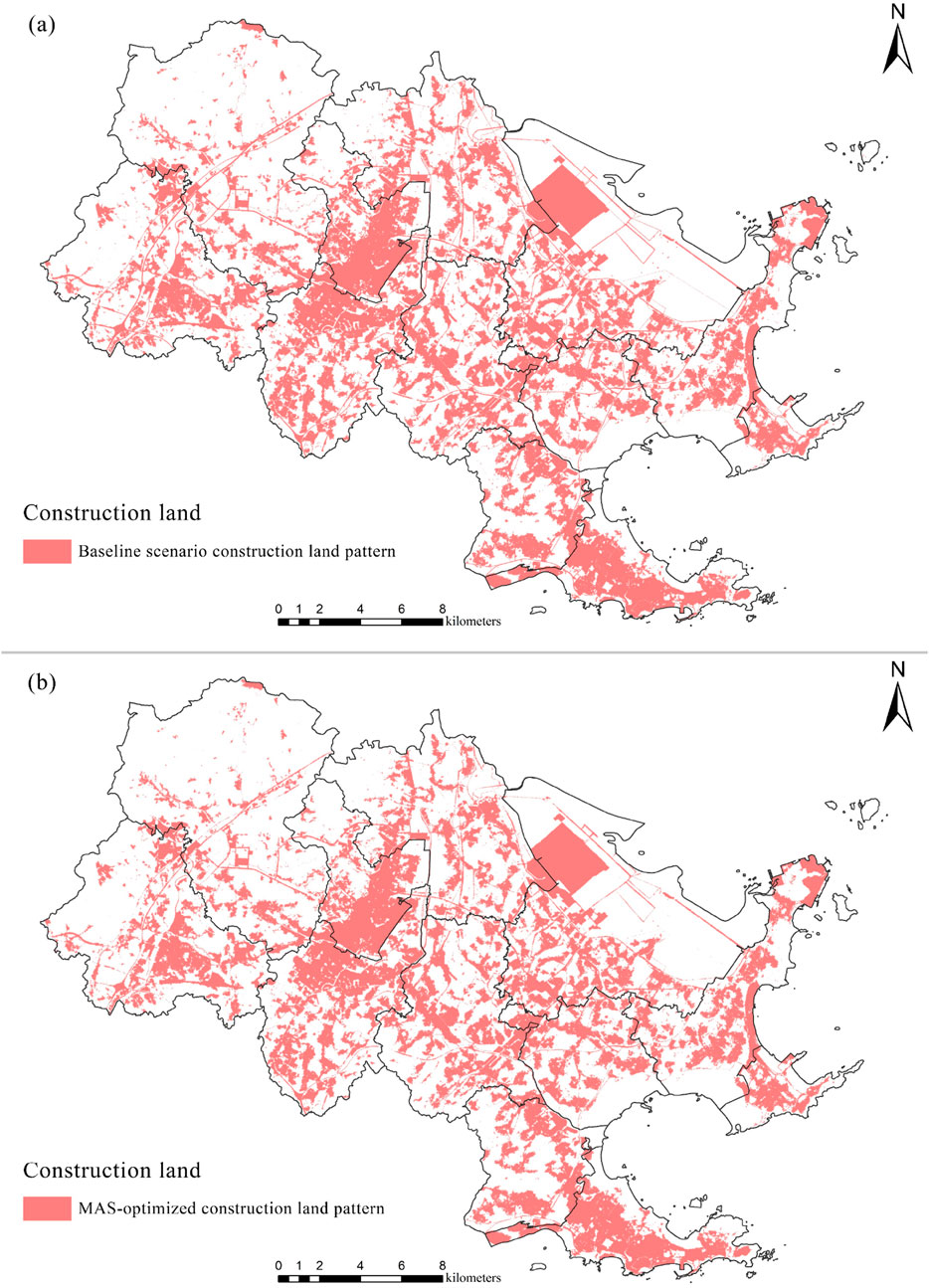 Maps comparing construction land patterns in a region. Image (a) shows the baseline scenario, while image (b) displays the MAS-optimized scenario. Both use red shading to indicate construction areas, with a scale of zero to eight kilometers at the bottom. North is indicated at the top right.