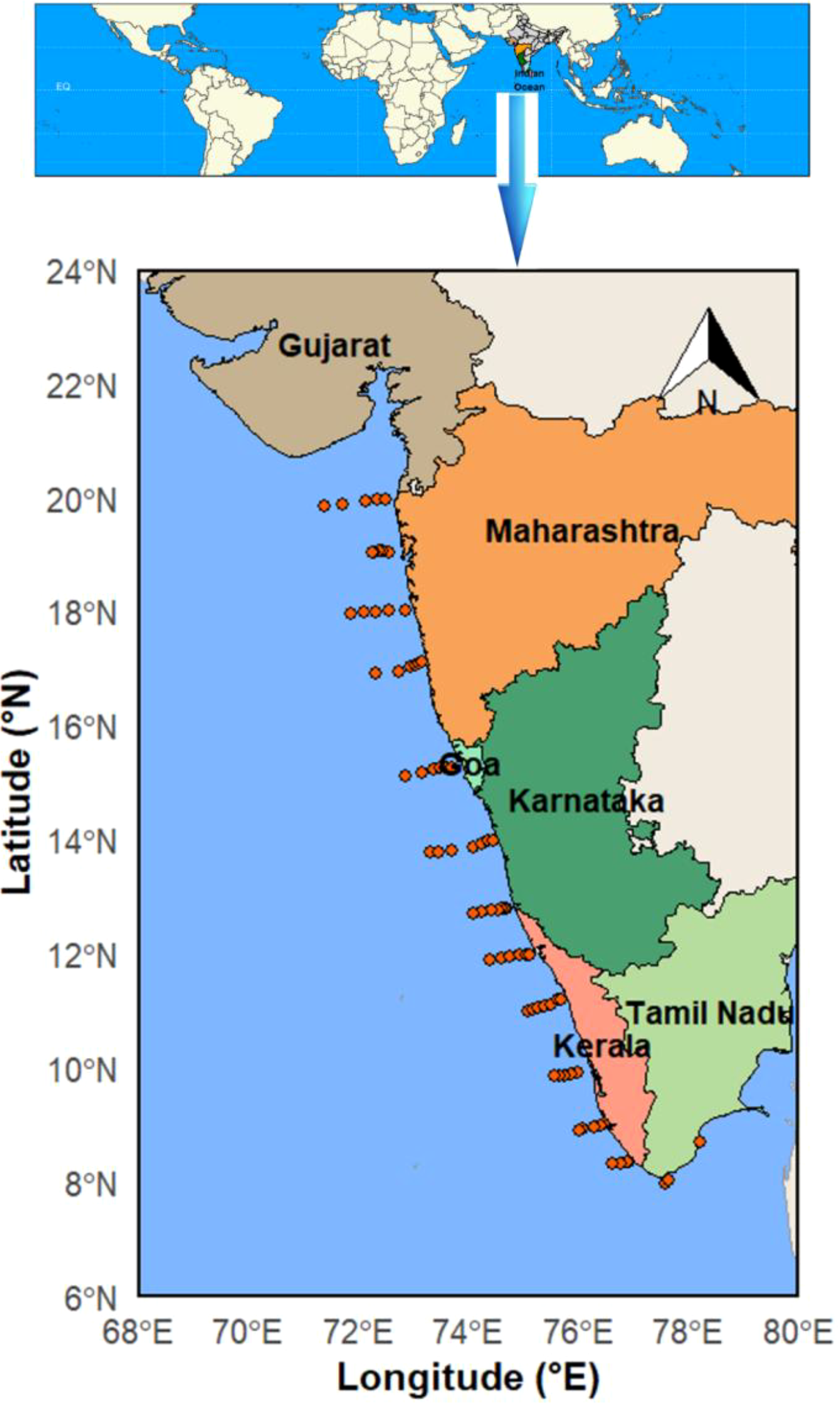Map depicting the western coastal states of India, including Gujarat, Maharashtra, Goa, Karnataka, Kerala, and Tamil Nadu. The map highlights latitudes from 6°N to 24°N and longitudes from 68°E to 80°E. A world map above indicates the region's location in India.