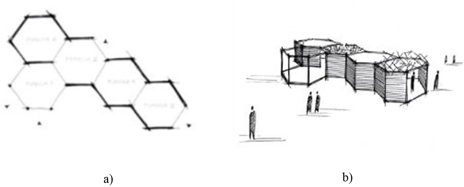 Diagram labeled (a) shows a hexagonal grid structure with several connected hexagons labeled “Module”. Sketch labeled (b) depicts a concept of a modular building with hexagonal sections and people for scale, suggesting a community structure.