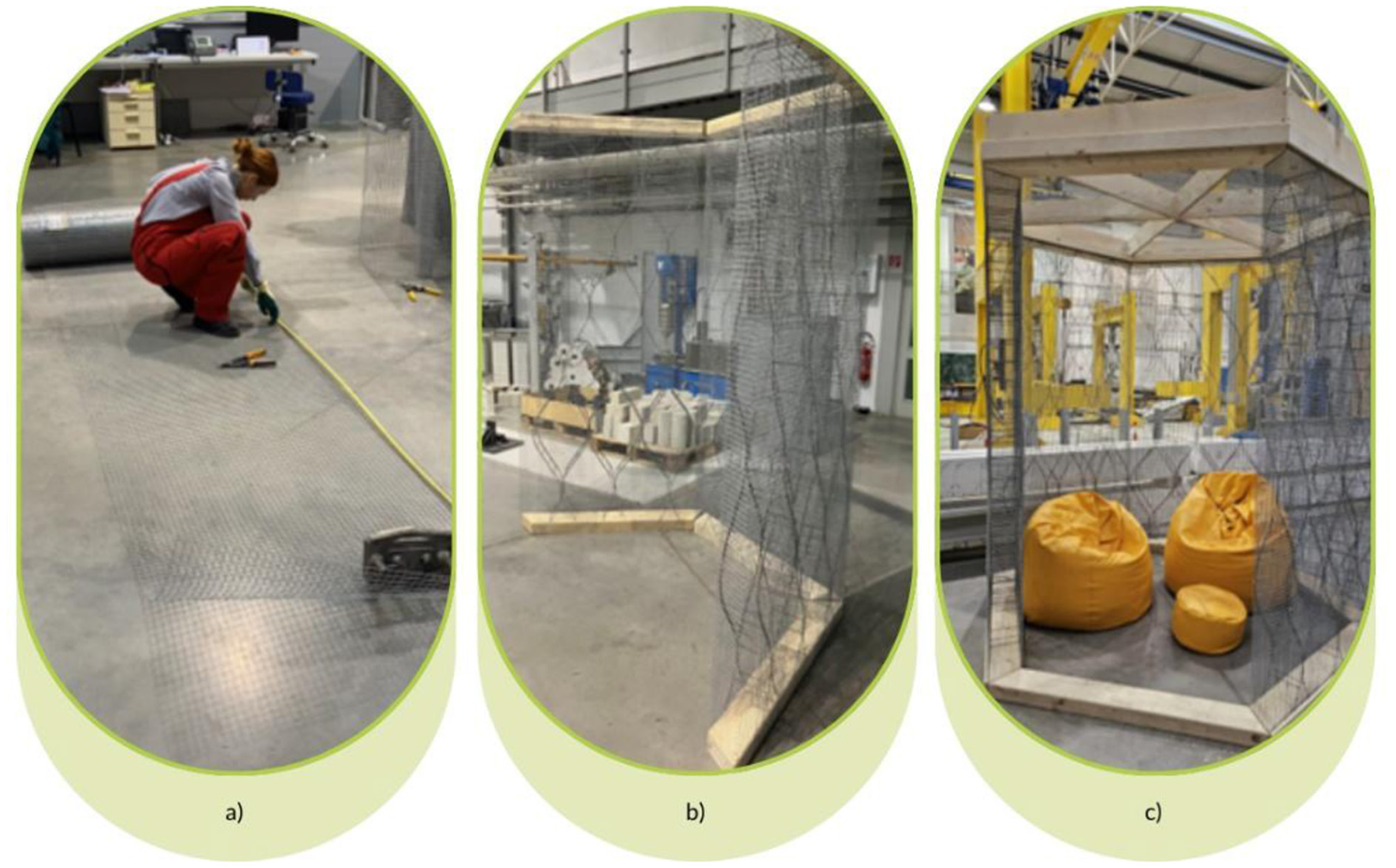 a) A person measuring and cutting mesh material on a concrete floor. b) A partially assembled frame with mesh walls in an industrial setting. c) A completed mesh cube structure with yellow bean bags inside.