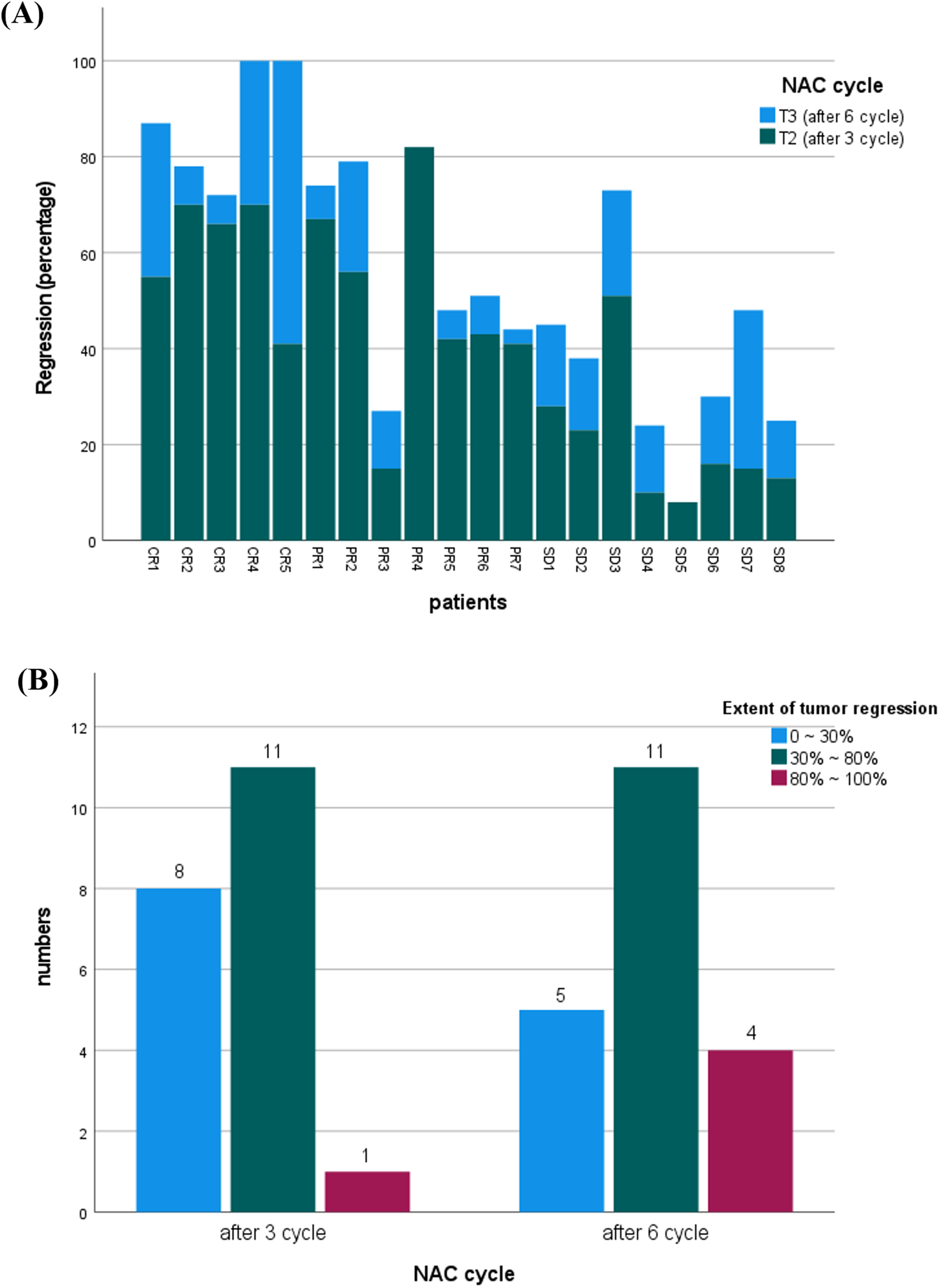 Chart (A) is a stacked bar graph showing regression percentages of patients after 3 and 6 NAC cycles, with blue and teal bars indicating T3 and T2 cycles respectively. Chart (B) is a bar graph depicting numbers of patients with varying extents of tumor regression after 3 and 6 NAC cycles, using blue, teal, and maroon colors for ranges of regression.