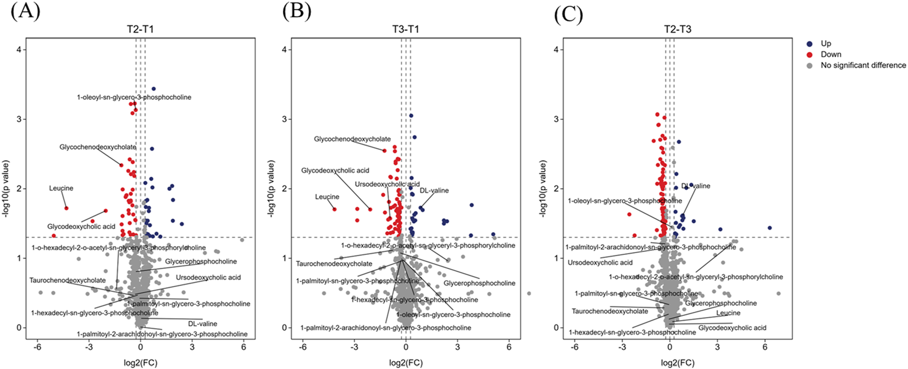 Volcano plots in panels A, B, and C compare metabolite changes across different conditions (T2-T1, T3-T1, T2-T3). Points in red and blue represent significant decreases and increases, respectively, while gray indicates no significant change. Key metabolites such as glycodeoxycholate and leucine are labeled. The x-axis shows log2 fold change and the y-axis shows negative log10 p-values.