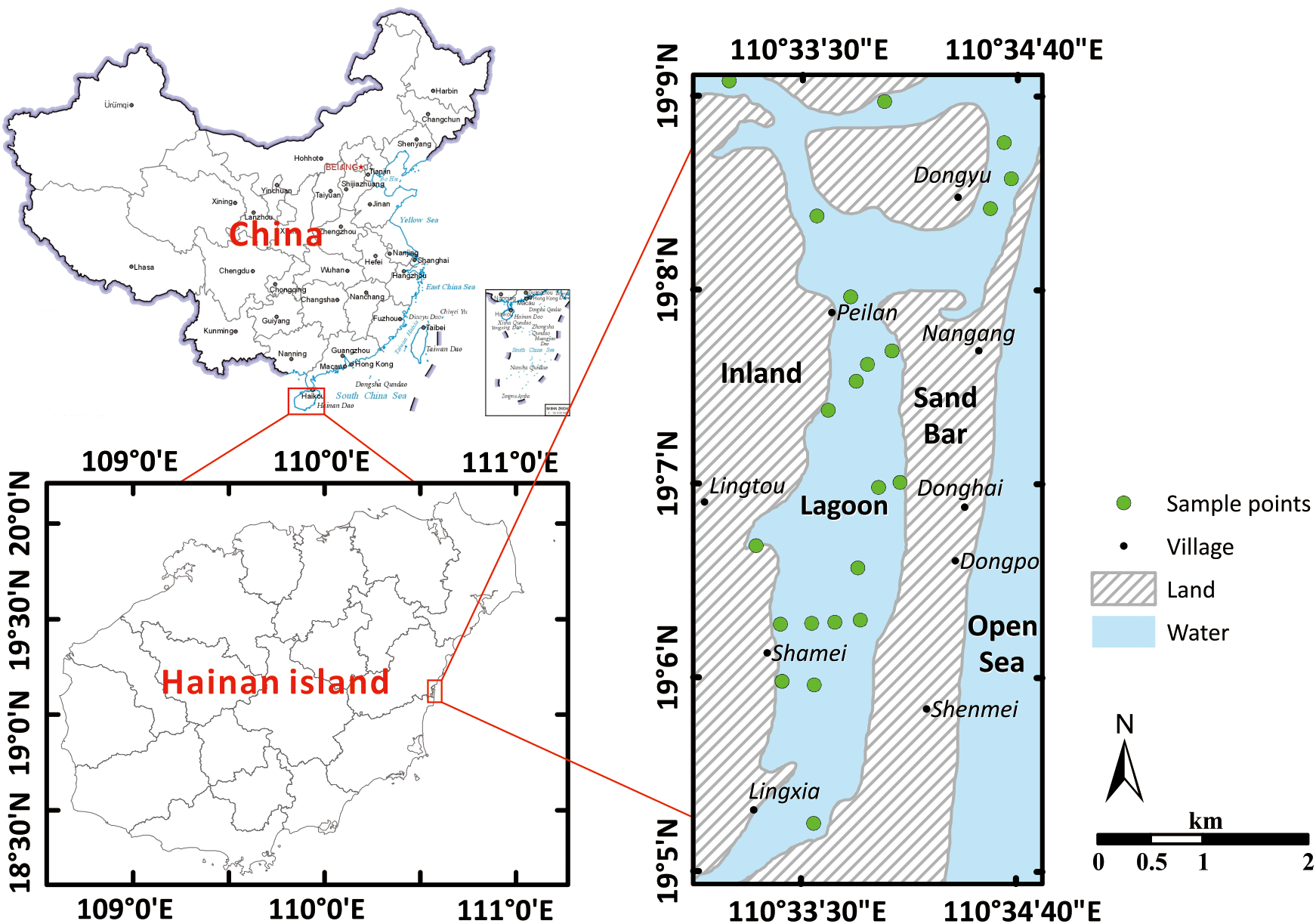 Map showing the location of Hainan Island in China, with an enlarged section of the island detailing a lagoon area. Green dots indicate sample points, and black dots indicate villages. Land is shaded, and water is shown in blue. The map also includes coordinates and a scale bar.