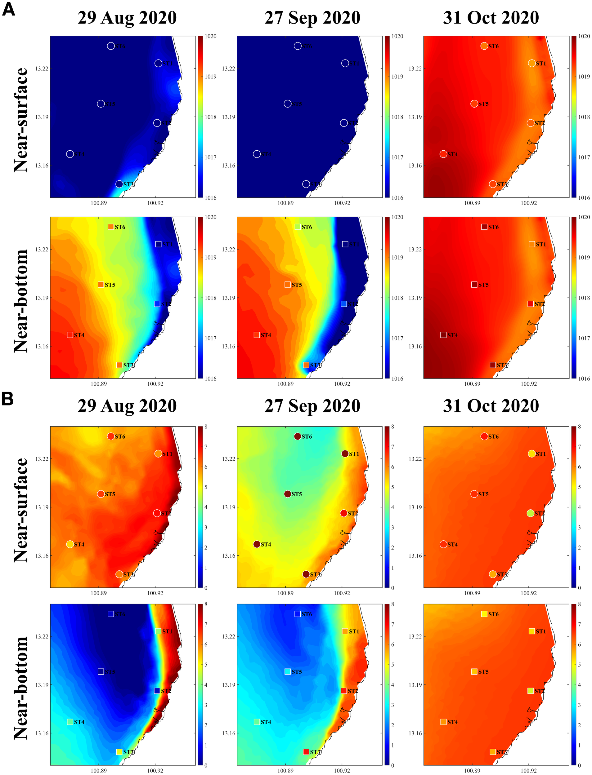 Two sets of four-panel maps showing oceanographic data for near-surface and near-bottom conditions on selected dates in 2020. Panel A depicts conditions on August 29, September 27, and October 31 for the near-surface (top row) and near-bottom (bottom row) layers. Panel B shows similar data for the same dates but with inverted surface-bottom data positions compared to Panel A. Varying colors indicate different data readings, with blue to red gradients suggesting changes over time and location. Several points are marked with stations labeled ST1 to ST6.