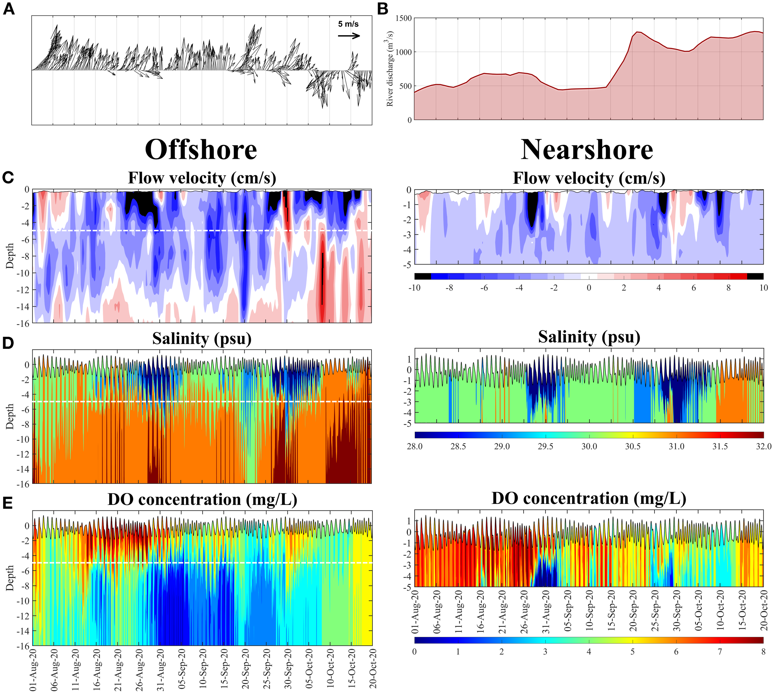 Composite image showing data visualizations. (A) Wind vector plot with a scale of five meters per second. (B) Line graph of river discharge over time with a shaded red area. Panels (C) and (D) depict offshore and nearshore flow velocity and salinity over time and depth, using color gradients for values. (E) Illustrates dissolved oxygen concentration over time and depth. Each panel uses different colors to represent varying data ranges.