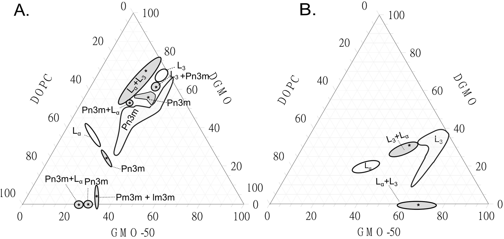 Ternary phase maps for a) the GMO-50/DOPC/DGMO system and (b) the corresponding system with P80, where the lipid/P80 ratio is fixed at 70/30. All samples were hydrated to 60 wt% MQ water.The diagrams show various phase boundaries and labels indicate different phase like lamellar, sponge and cubic phases. Shaded areas represent regions of mixed phases.