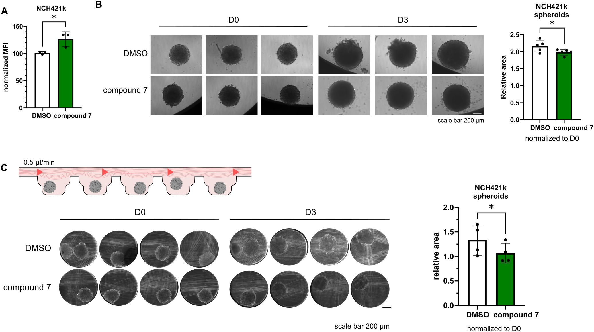 Graphical comparison of the effect of DMSO and compound 7 on NCH421k spheroids. Panel A shows a bar graph of normalized MFI values with compound 7 showing higher values than DMSO. Panel B presents timeline images of spheroids from days 0 (D0) and 3 (D3) under DMSO and compound 7 treatments, with compound 7decreasing cell proliferation. Panel C illustrates a fluidic setup with a corresponding timeline and bar graph showing a smaller relative area for spheroids treated with compound 7 on D3 compared to DMSO. Scale bars represent 200 micrometers.