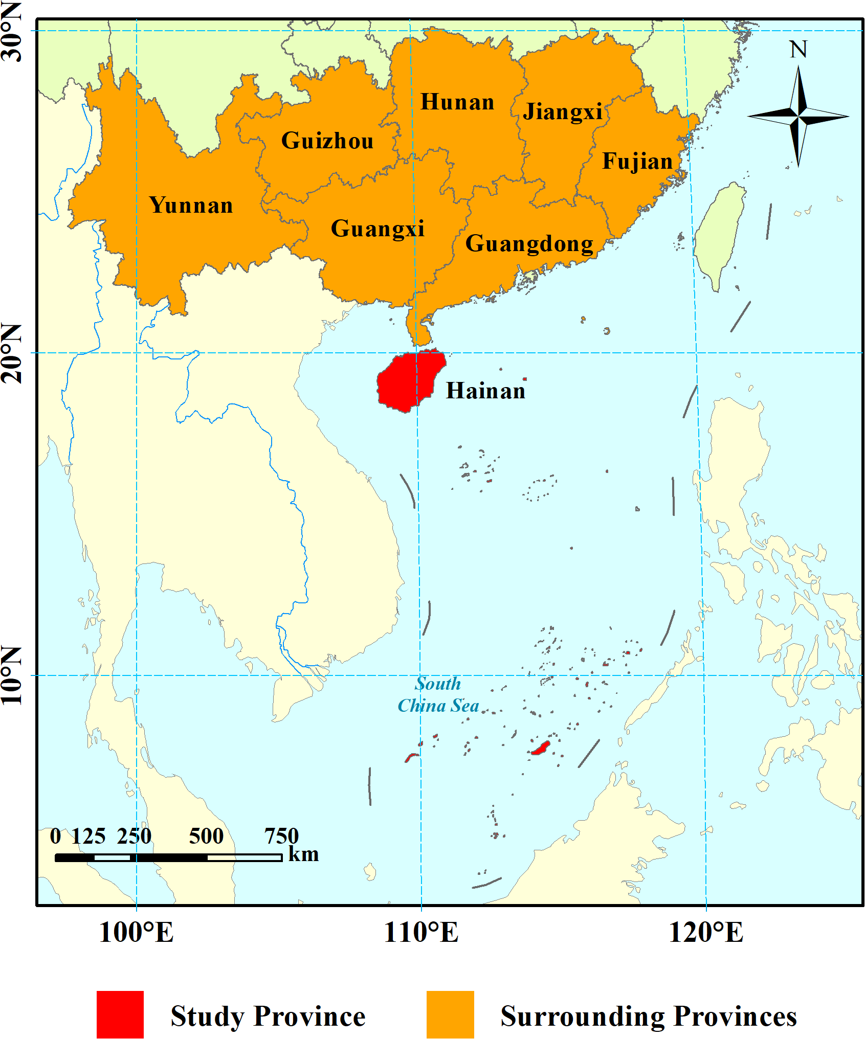 Map highlighting the study area, Hainan province in red, surrounded by several provinces in orange, including Yunnan, Guizhou, Hunan, Jiangxi, Fujian, Guangxi, and Guangdong. The South China Sea is labeled, with a compass rose and scale bar shown.