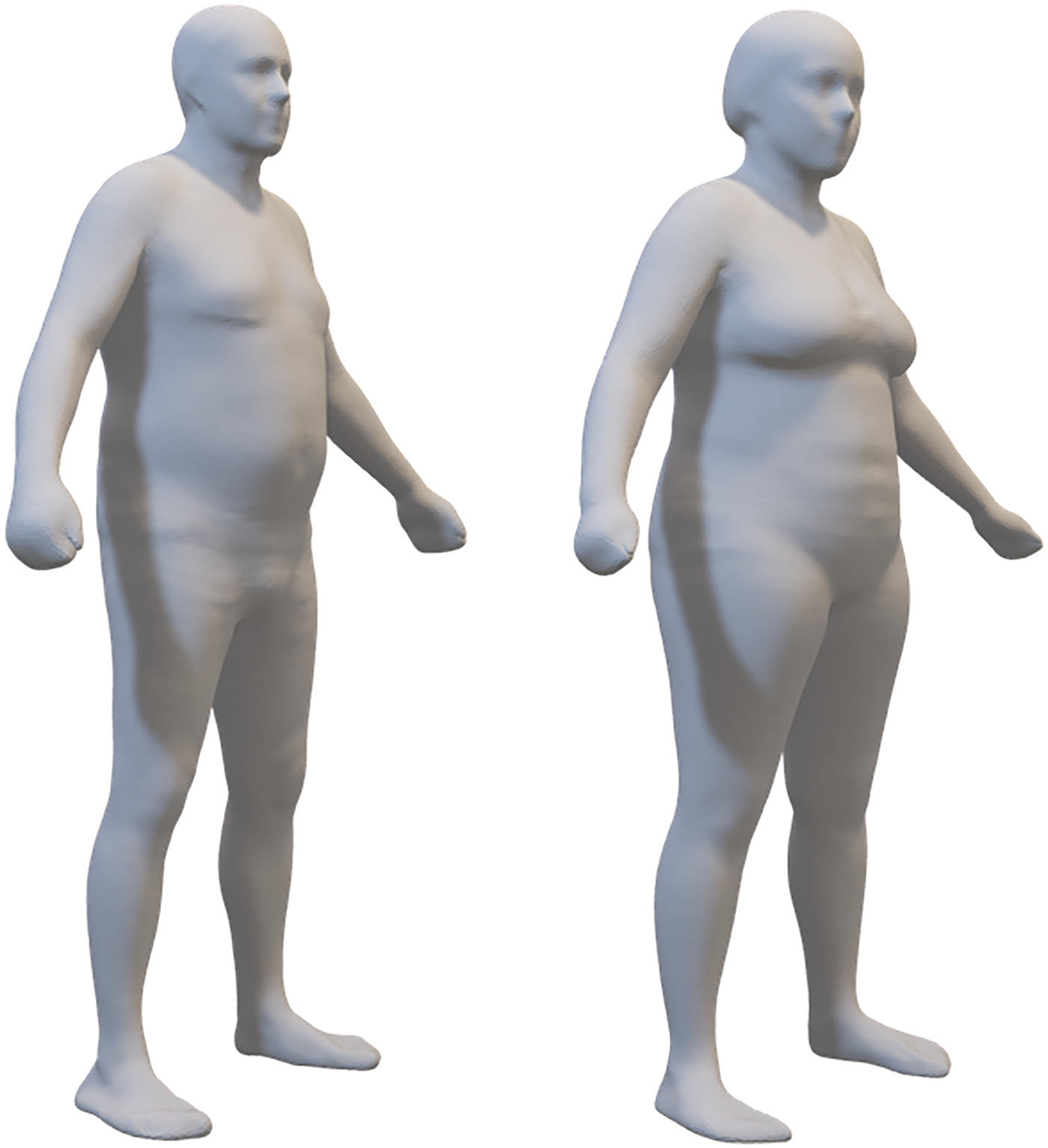 Two 3D-rendered human models, one male on the left and one female on the right, both depicted without distinct facial features.