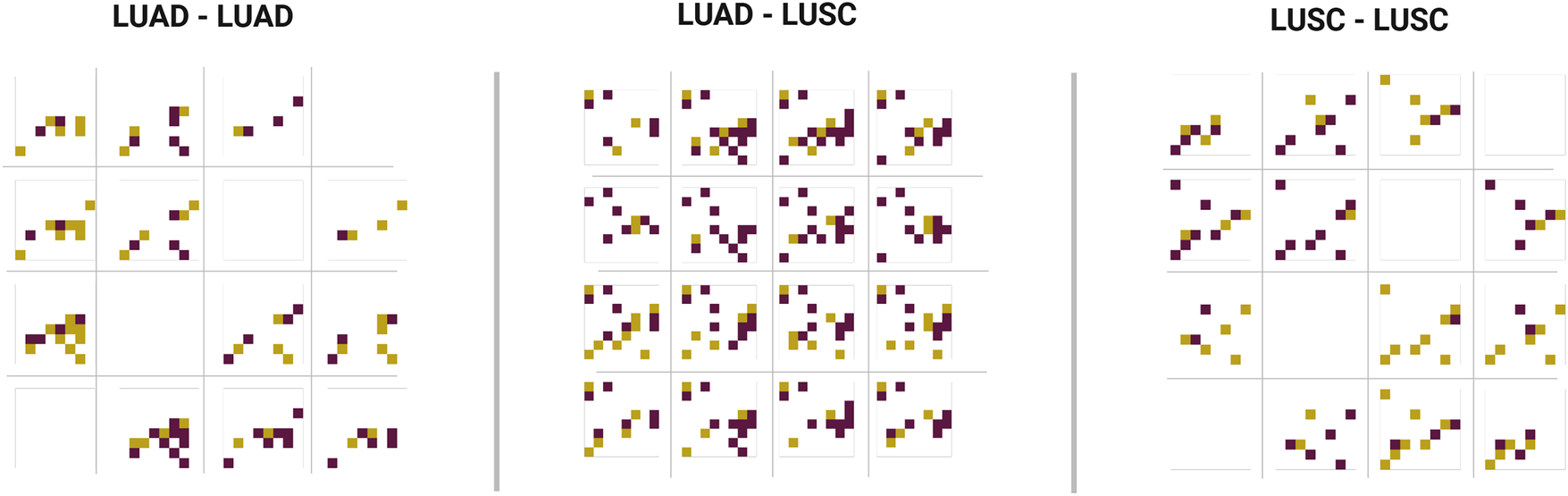 Three scatter plot grids labeled \"LUAD - LUAD,\" \"LUAD - LUSC,\" and \"LUSC - LUSC\" compare data distributions. Each grid contains small plots with points in purple and yellow, varying in arrangement across the grids.