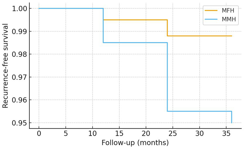Kaplan-Meier survival curves showing recurrence-free survival over follow-up months. The yellow line represents MFH, and the blue line represents MMH. MFH maintains higher survival rates compared to MMH.