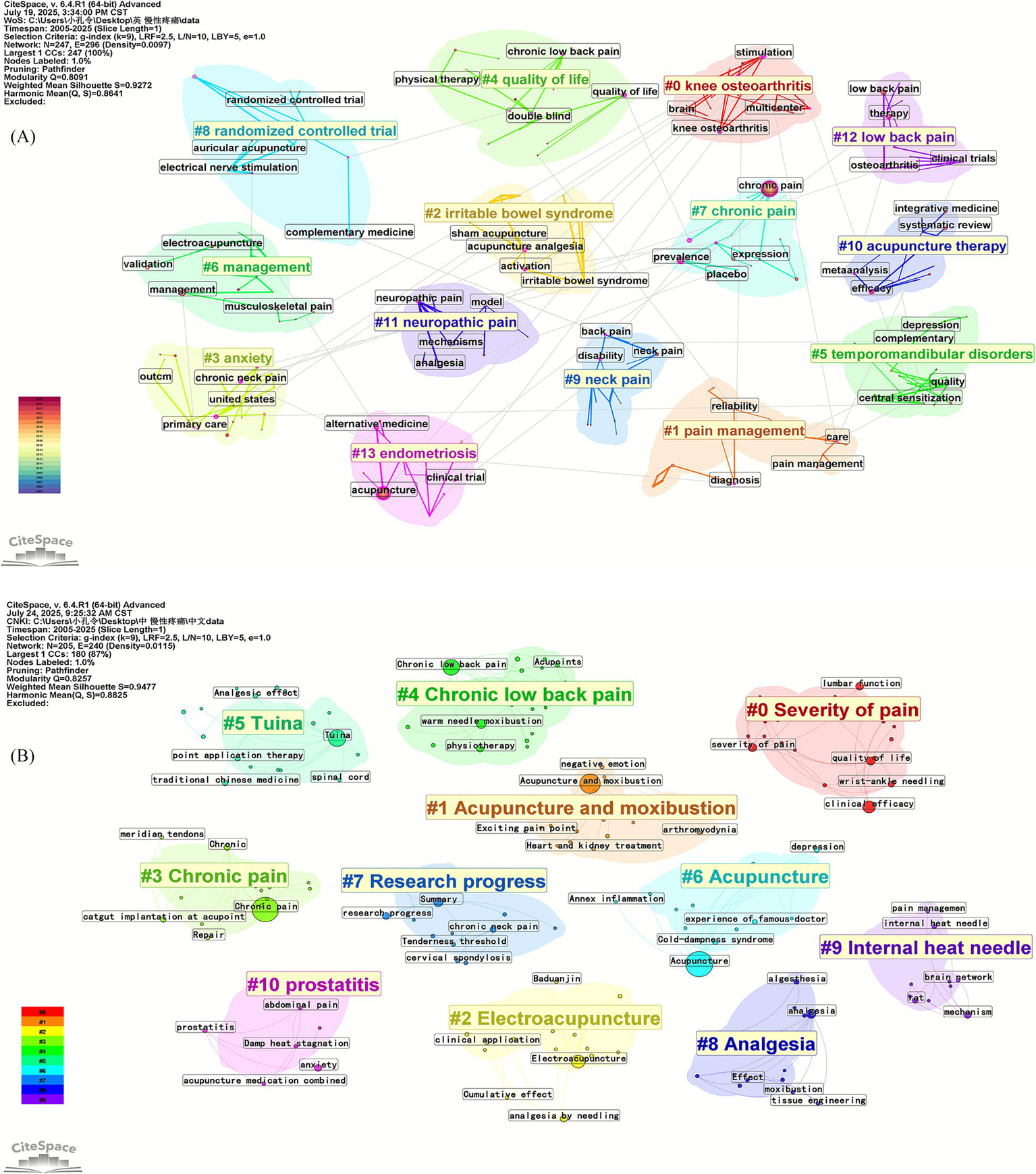 (A) A network visualization map showing clusters of terms related to healthcare topics. Notable clusters include knee osteoarthritis, irritable bowel syndrome, neuropathic pain, and acupuncture therapy. Nodes are color-coded and connected by lines indicating relationships. (B) A similar visualization map displaying clusters focused on acupuncture research themes like acupuncture and moxibustion, chronic pain, electroacupuncture, and internal heat needle. Clusters are color-coded and connected, with size indicating relevance. The maps were created using CiteSpace software.