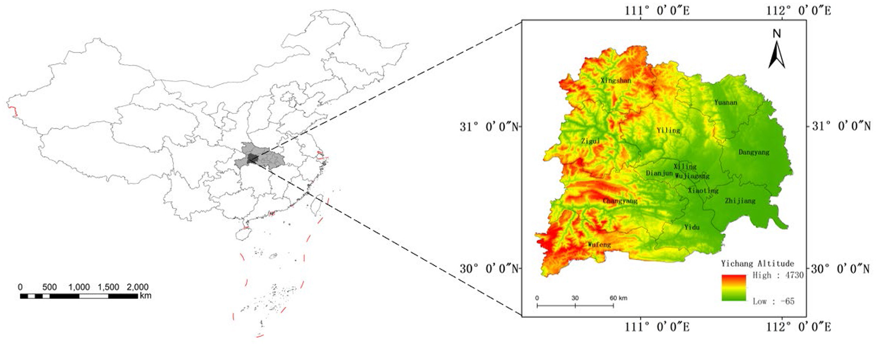 Map showing China's outline with a highlighted region and an enlarged section of Yichang. The enlarged map depicts topographical elevation in Yichang with color gradients from red (high) to green (low). Coordinates and a scale bar are included.