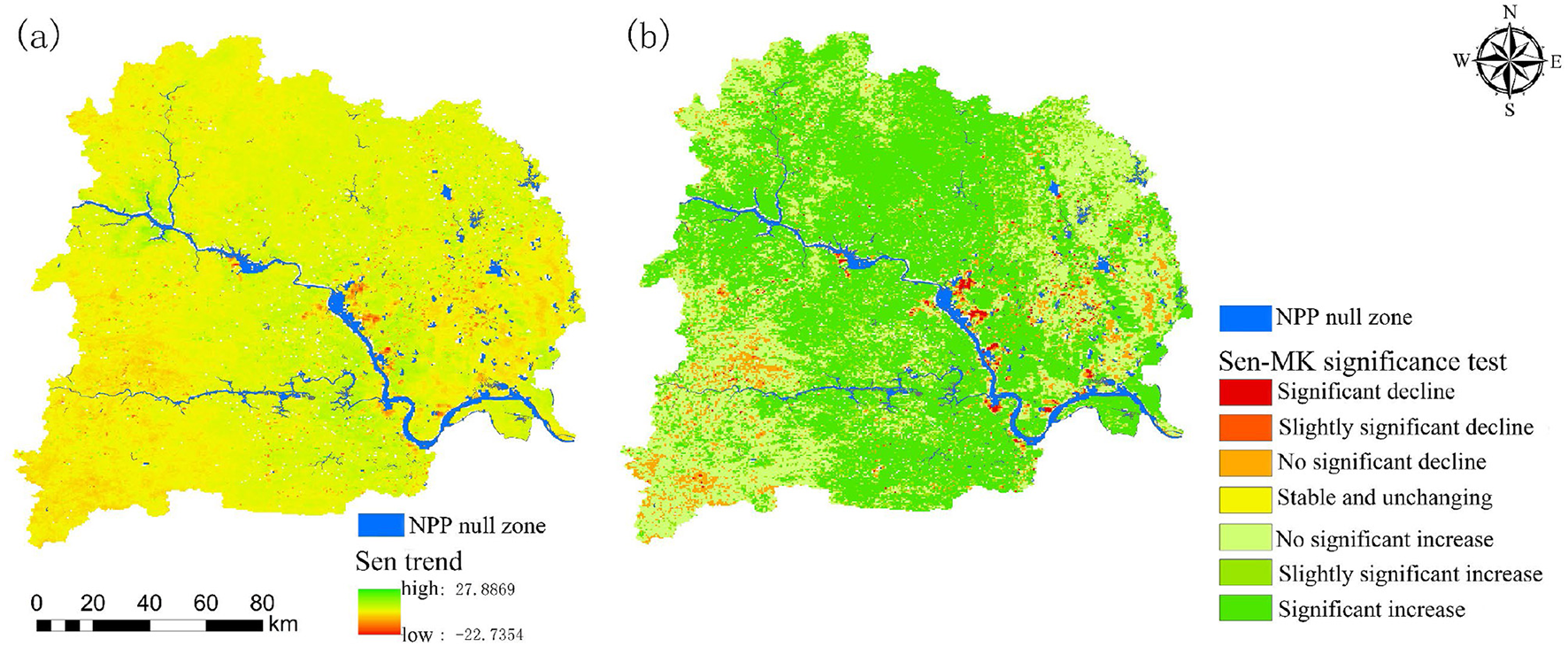 Two maps comparing net primary productivity (NPP) trends. Map (a) shows Sen trend values ranging from high (red) to low (green), with blue areas indicating NPP null zones. Map (b) displays Sen-MK significance test results, with colors indicating significant increase (dark green), slightly significant increase (light green), stable (yellow), slightly significant decline (orange), and significant decline (red). Both maps include a scale of zero to one hundred kilometers.