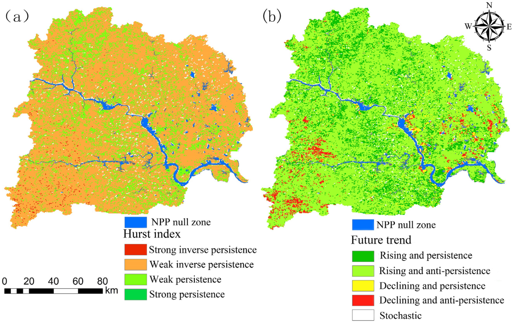 Two maps compare attributes of a region. Map (a) indicates the Hurst index, with colors representing strong inverse persistence, weak inverse persistence, weak persistence, and strong persistence. Blue areas denote NPP null zones. Map (b) shows future trends with colors denoting rising and persistence, rising and anti-persistence, declining and persistence, declining and anti-persistence, and stochastic areas. A compass rose indicates orientation, and a scale bar provides distance references.