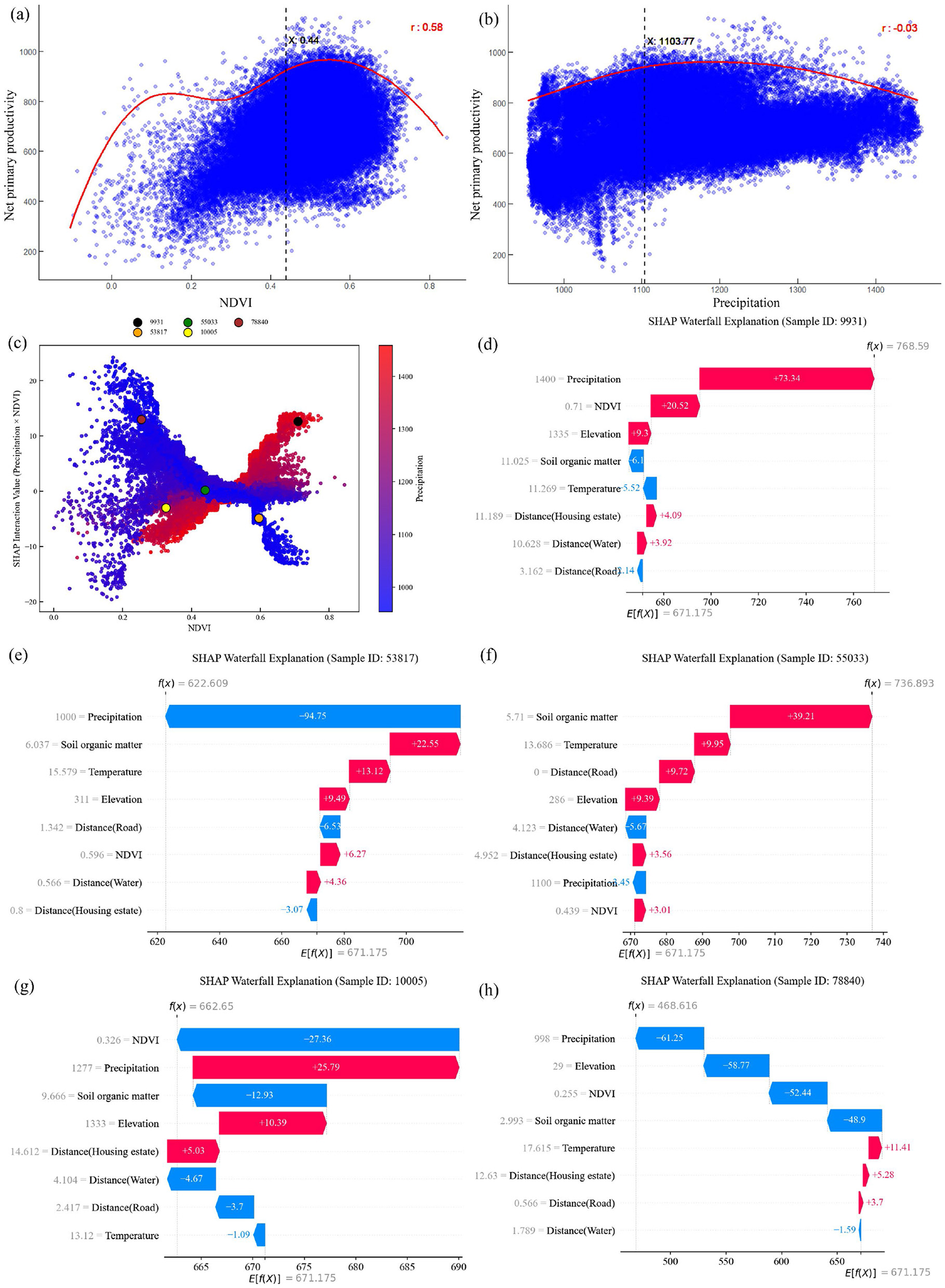 Eight-panel image showing scatter plots and SHAP waterfall plots. Panels (a) and (b) display non-linear relationships of NDVI and precipitation with net primary productivity. Panel (c) is a SHAP interaction plot for NDVI and precipitation. Panels (d) to (h) present SHAP waterfall plots for different sample IDs (9931, 53817, 5033, 10005, and 78840), analyzing the impact of variables like precipitation, NDVI, elevation, temperature, soil organic matter, and various distances on predictions.