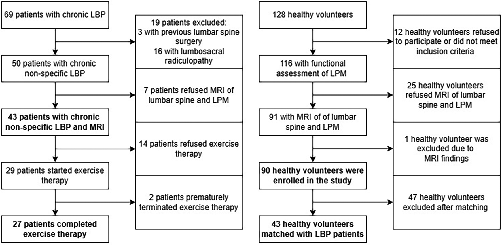Flowchart comparing study paths for 69 patients with chronic low back pain (LBP) and 128 healthy volunteers. Patients: 50 had chronic non-specific LBP; 19 excluded. Forty-three had MRIs; 29 started exercise therapy; 27 completed therapy. Volunteers: 116 had functional assessment; 91 had MRIs; 90 enrolled; 43 matched with LBP patients. Various exclusions occur throughout.