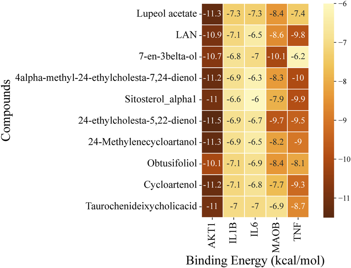 Heatmap showing binding energy (kcal/mol) for compounds against proteins AKT1, IL1B, IL6, MAOB, and TNF. The scale ranges from -6 (light yellow) to -11 (dark brown), indicating stronger binding. Compounds include Lupeol acetate, LAN, 7-en-3beta-ol, and others. Each cell represents the binding energy value.
